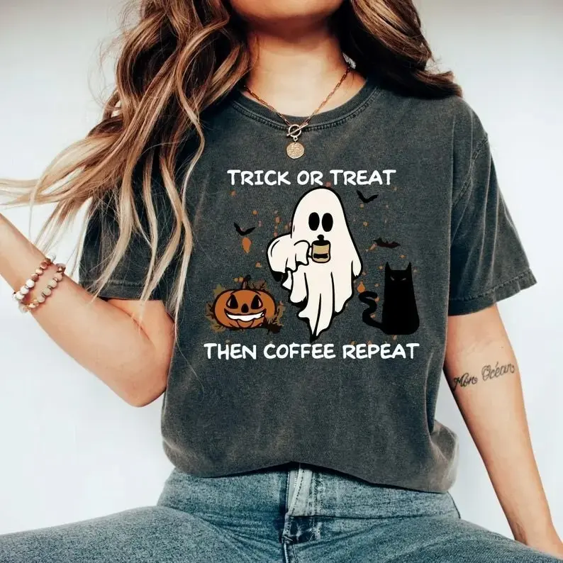 Comfort Colors Halloween Trick or Treat Shirt, Women's Coffee Lover Tee, Cute Spooky Season Fall Graphic Top