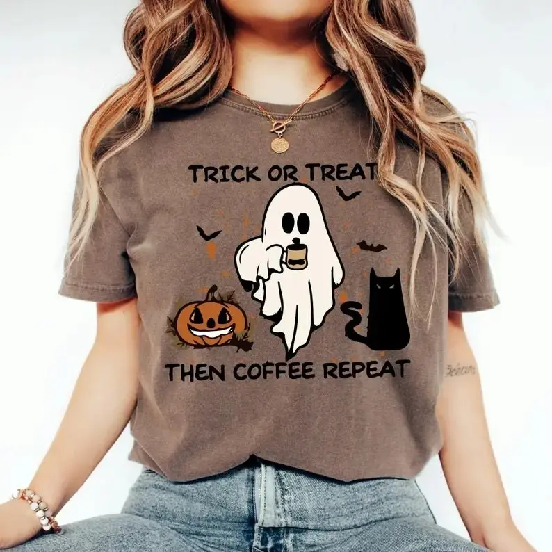 Comfort Colors Halloween Trick or Treat Shirt, Women's Coffee Lover Tee, Cute Spooky Season Fall Graphic Top - photo 2