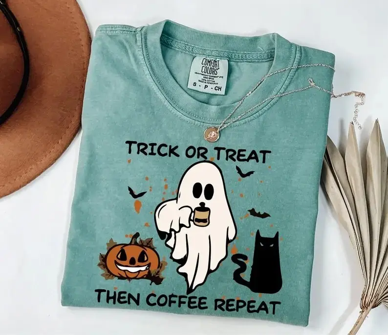 Comfort Colors Halloween Trick or Treat Shirt, Women's Coffee Lover Tee, Cute Spooky Season Fall Graphic Top - photo 3