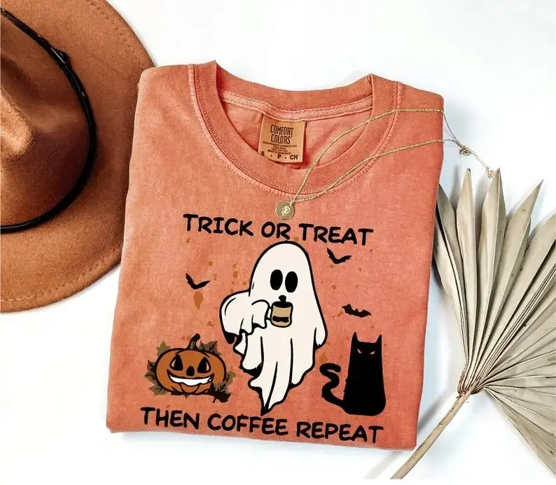 Comfort Colors Halloween Trick or Treat Shirt, Women's Coffee Lover Tee, Cute Spooky Season Fall Graphic Top - photo 4
