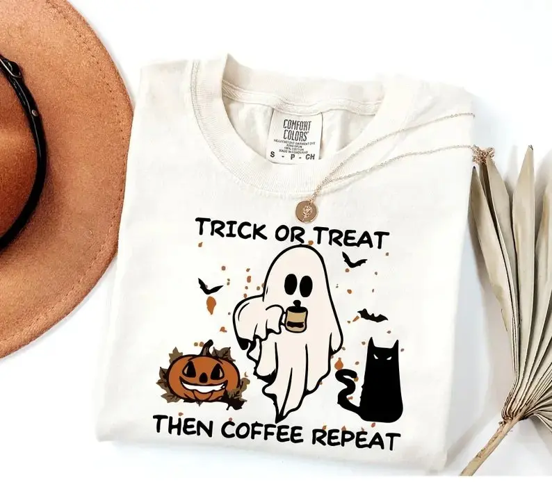 Comfort Colors Halloween Trick or Treat Shirt, Women's Coffee Lover Tee, Cute Spooky Season Fall Graphic Top - photo 5