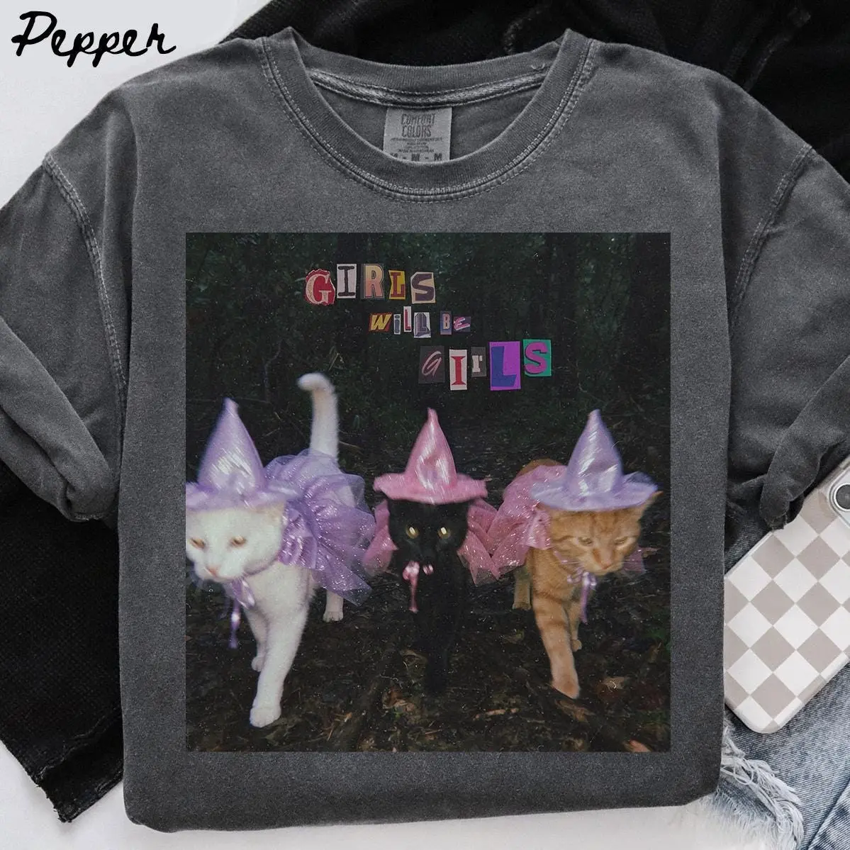 Comfort Colors Halloween Witch Cats Shirt, Orange Cat Mom Tee, Funny White and Black Kitty Mama Pet Gift Top