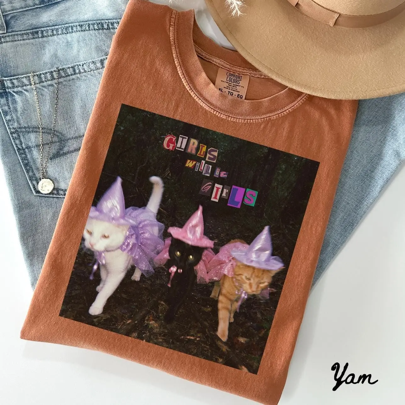 Comfort Colors Halloween Witch Cats Shirt, Orange Cat Mom Tee, Funny White and Black Kitty Mama Pet Gift Top - photo 3
