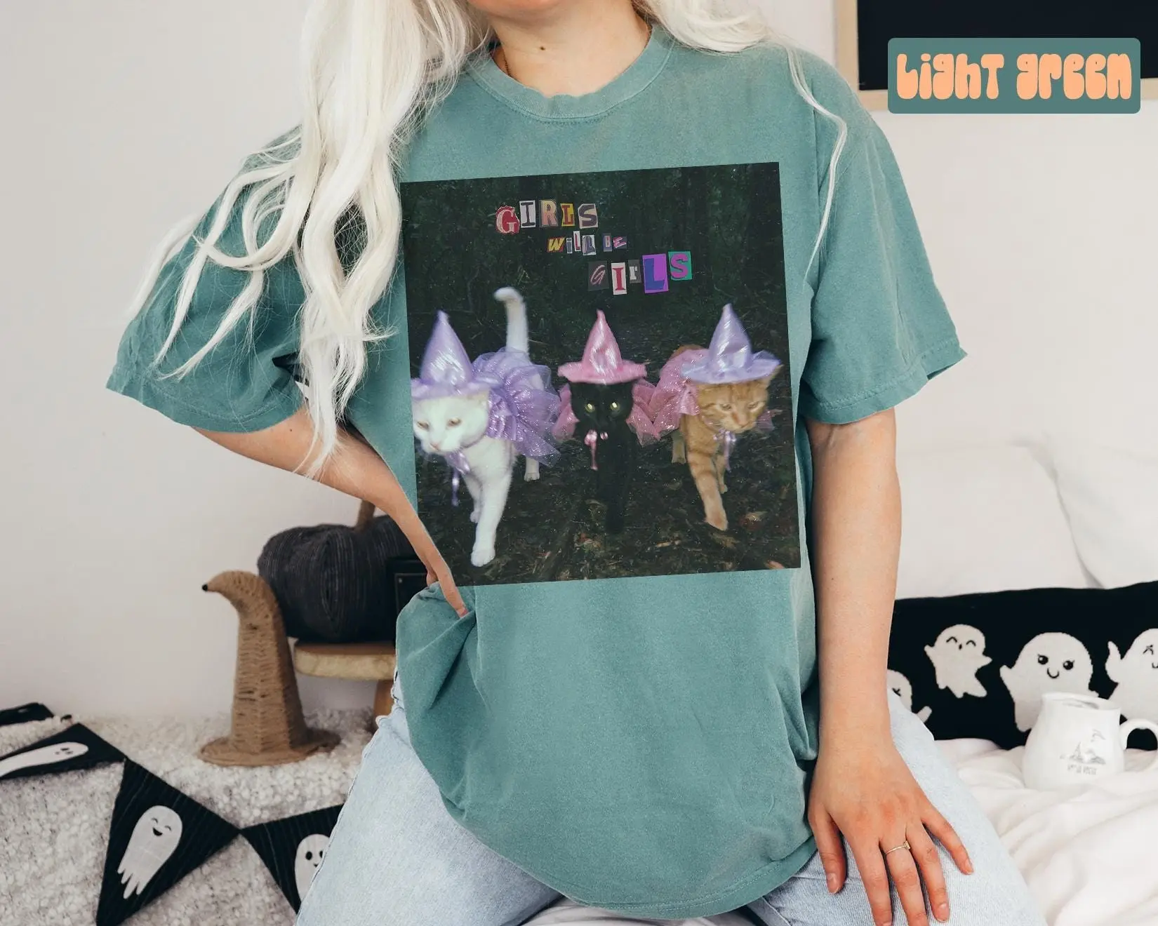 Comfort Colors Halloween Witch Cats Shirt, Orange Cat Mom Tee, Funny White and Black Kitty Mama Pet Gift Top - photo 5