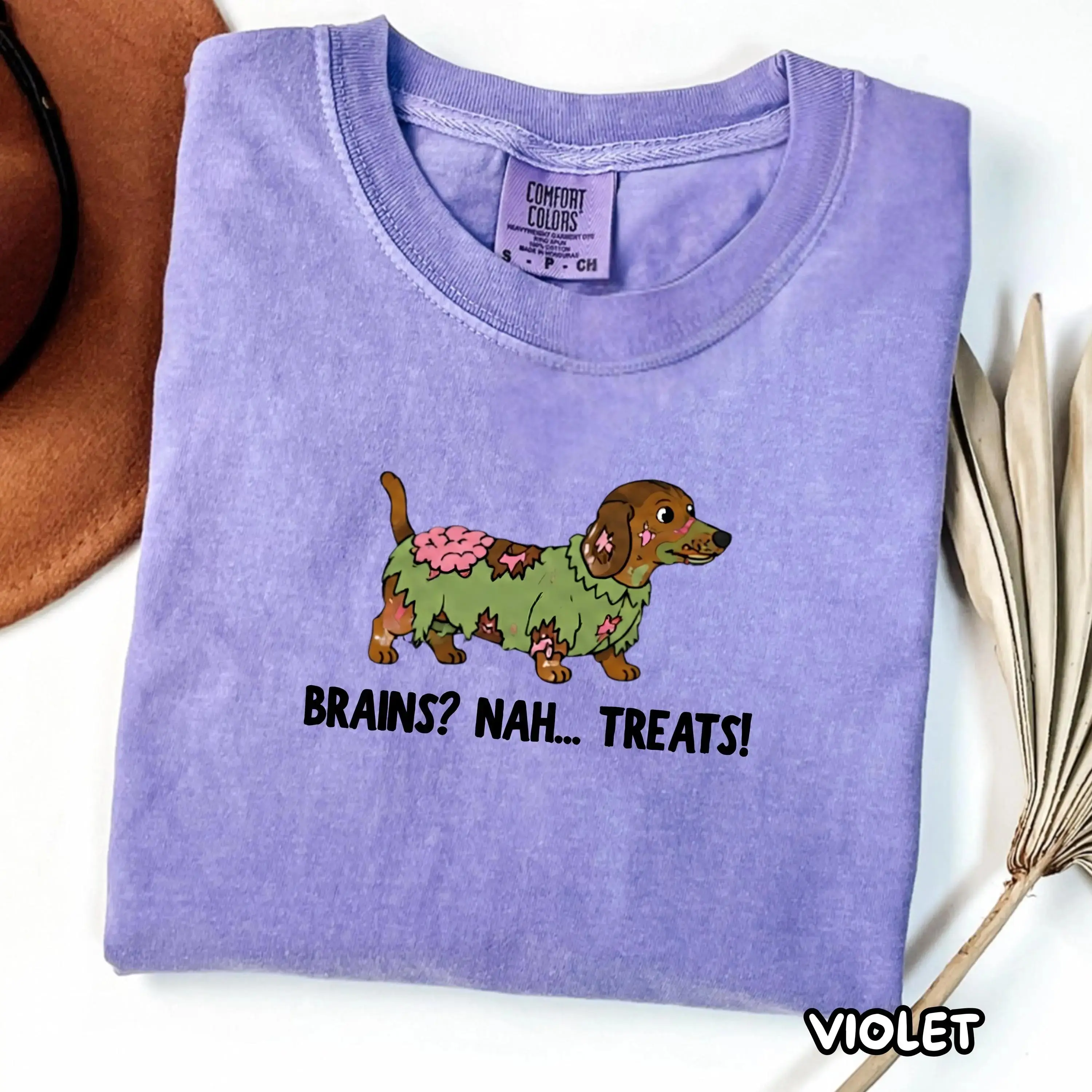 Comfort Colors Halloween Zombie Dachshund Shirt, Brains Nah Treats Funny Wiener Dog Mom Doxie Costume Tee