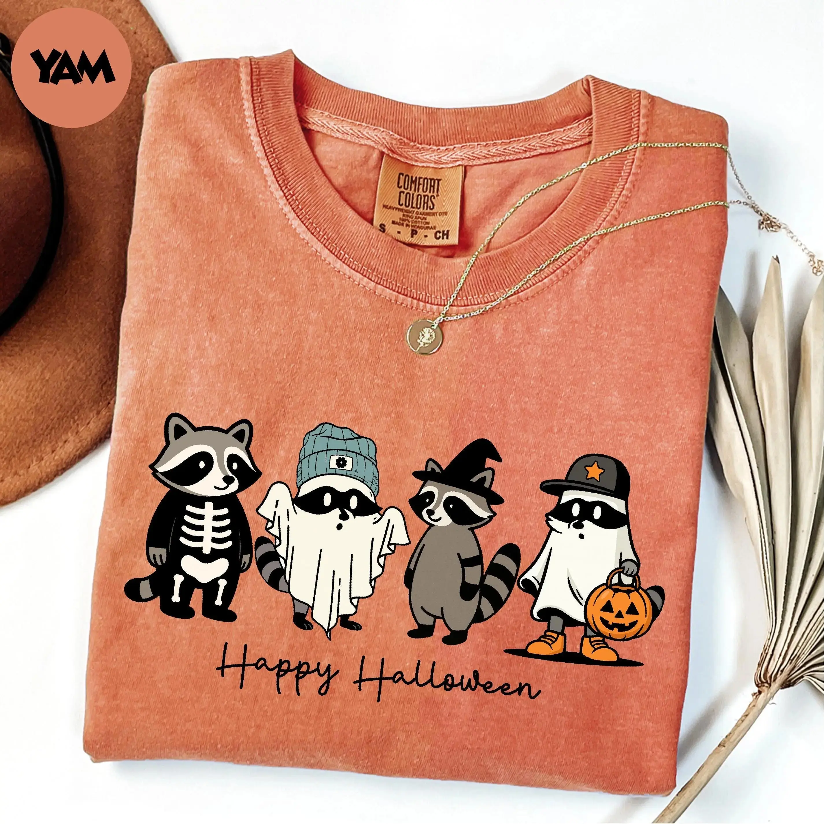 Comfort Colors Happy Halloween Ghost Raccoon Shirt, Cute Spooky Season Party Graphic Tee - photo 4