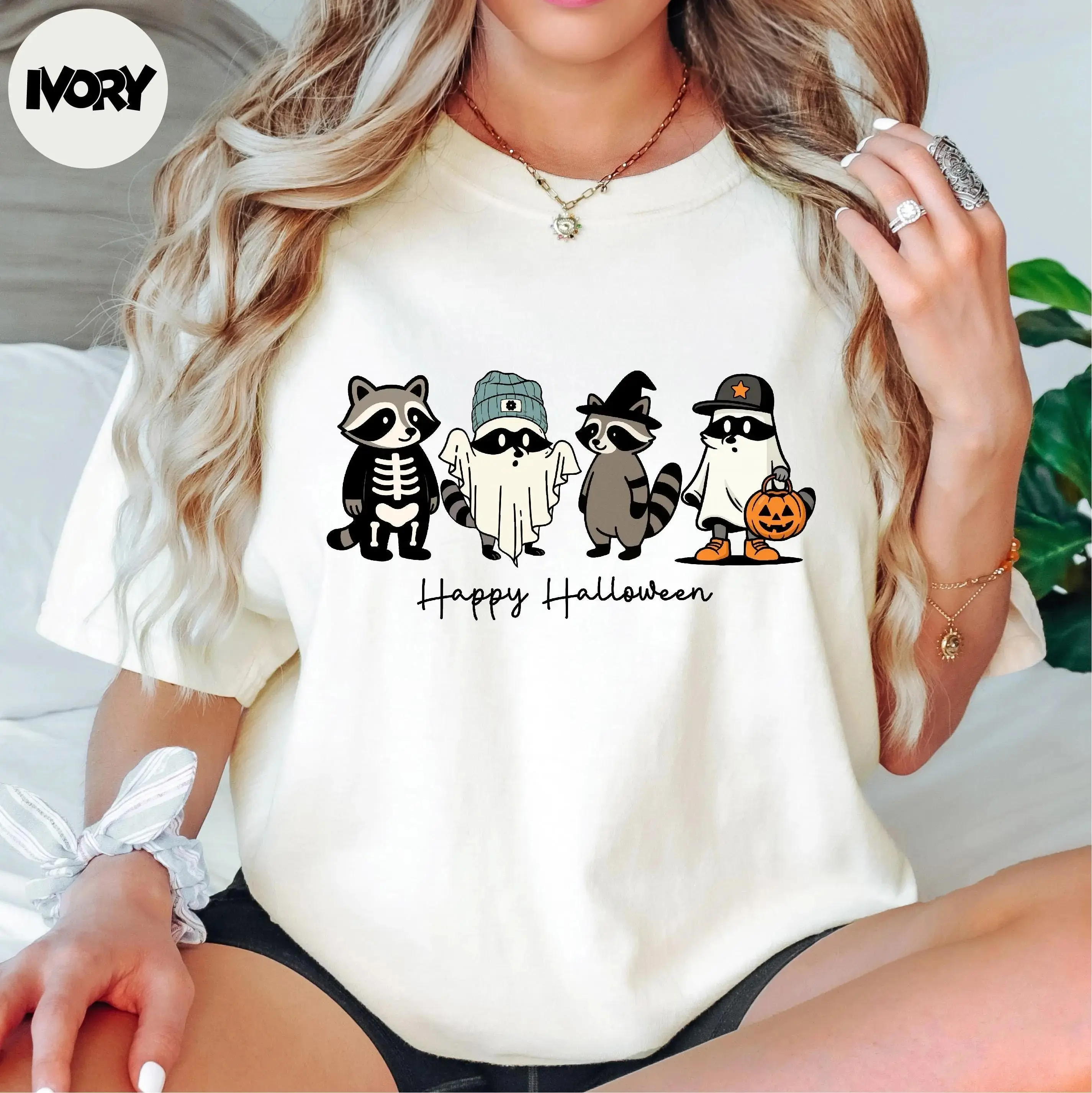 Comfort Colors Happy Halloween Ghost Raccoon Shirt, Womens Spooky Season Trick or Treat Graphic Tee