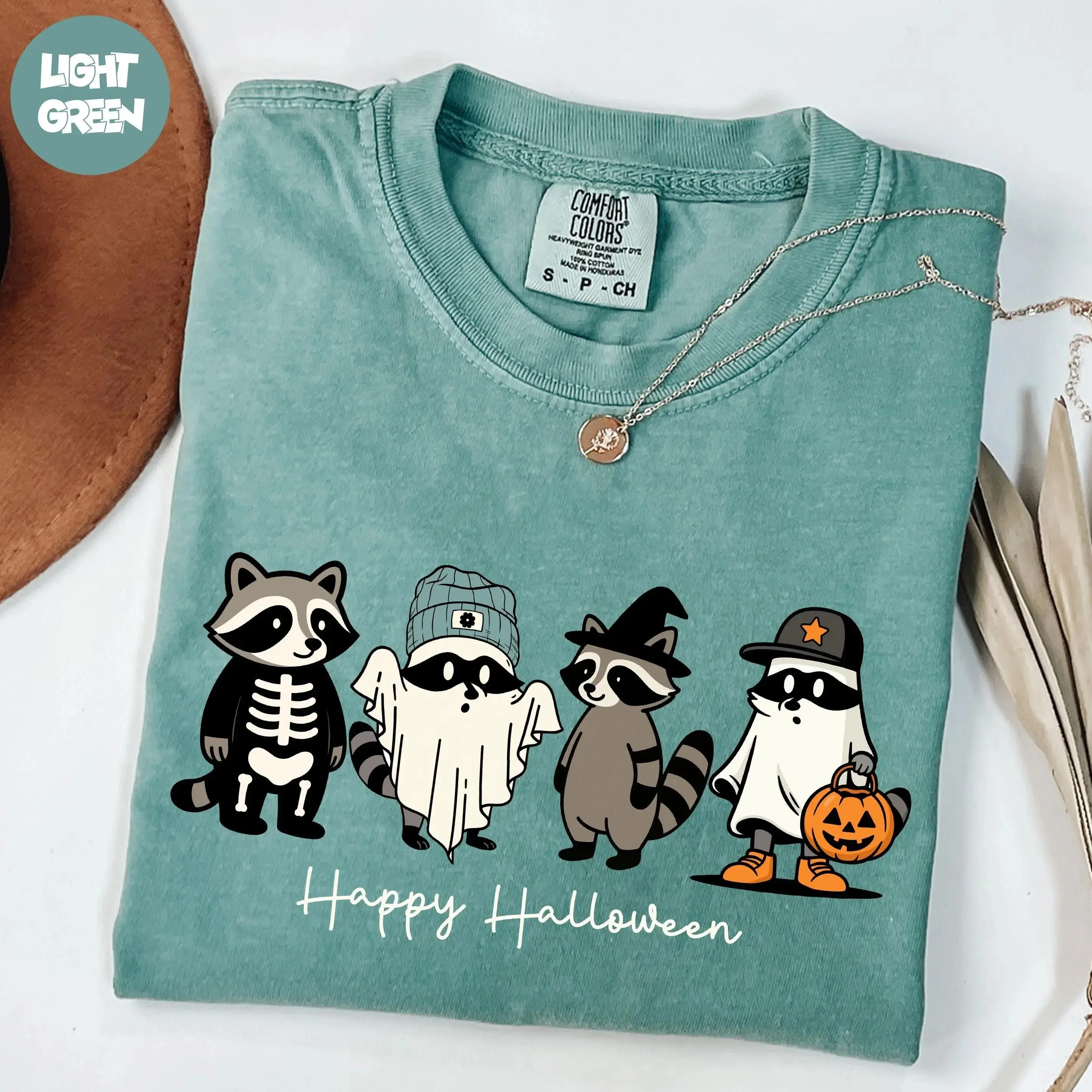 Comfort Colors Happy Halloween Ghost Raccoon Shirt, Womens Spooky Season Trick or Treat Graphic Tee - photo 2