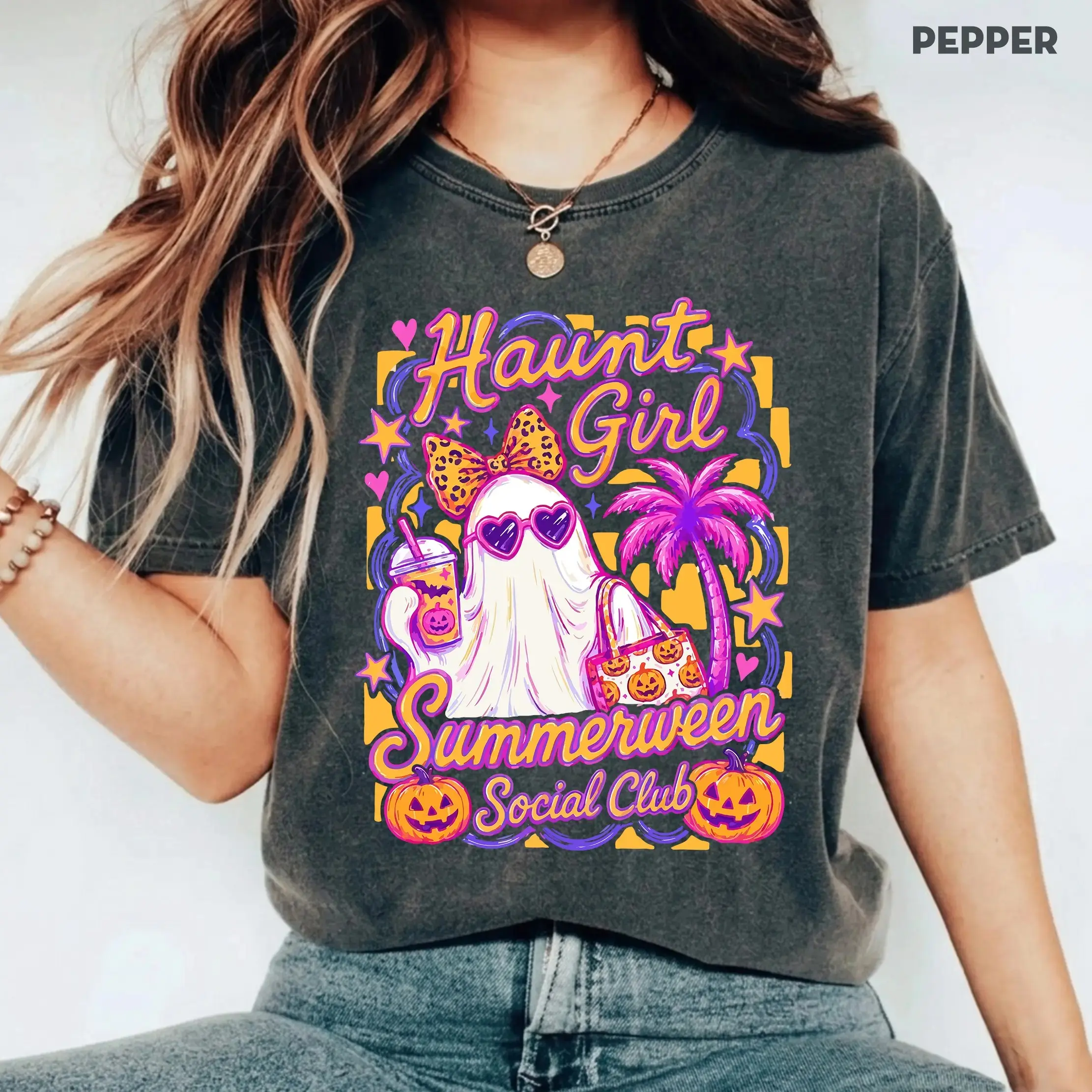 Comfort Colors Haunt Girl Summerween Social Club Shirt, Ghost Summer Halloween Tee, Womens Cute Retro Vintage Fall Graphic Top - photo 2