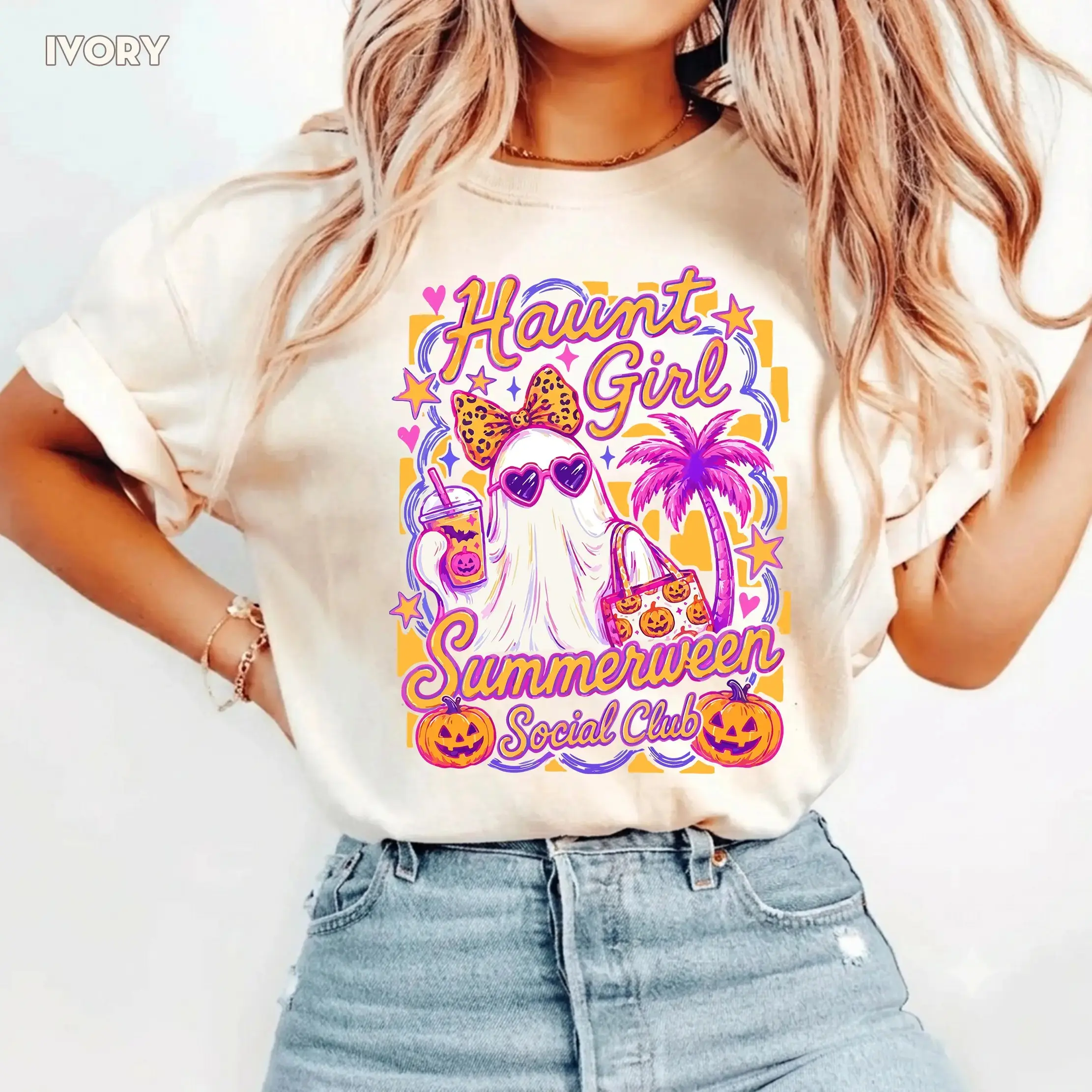 Comfort Colors Haunt Girl Summerween Social Club Shirt, Ghost Summer Halloween Tee, Womens Cute Retro Vintage Fall Graphic Top - photo 3