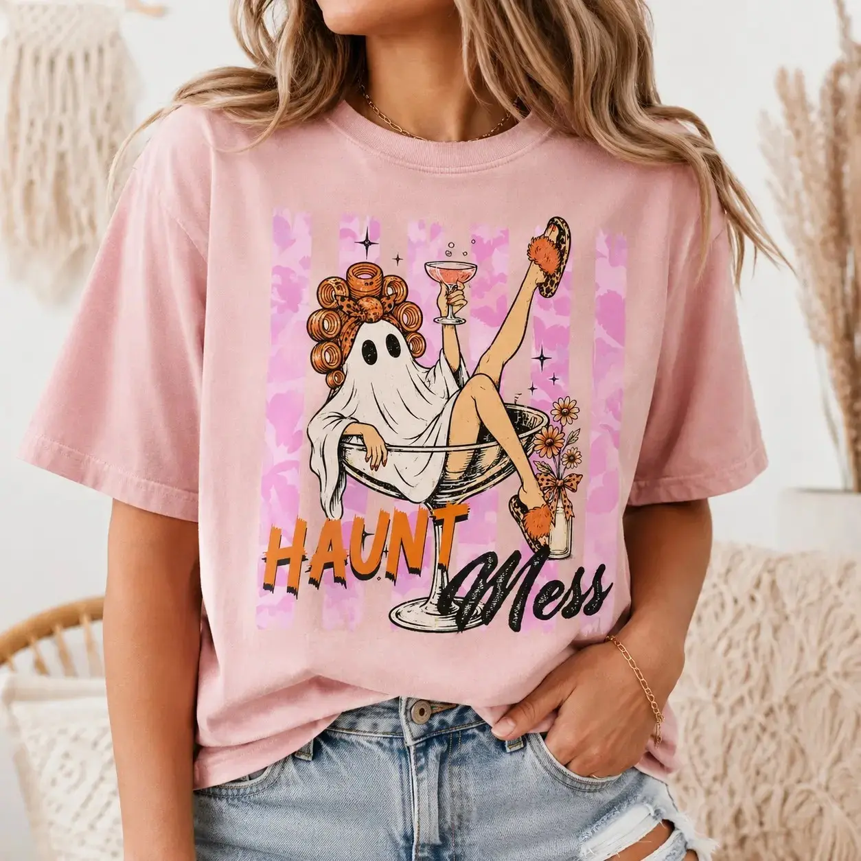 Comfort Colors Haunt Mess Ghost Cocktail Shirt for Women, Funny Spooky Halloween Party Tee, Cute October Drinking Costume Top