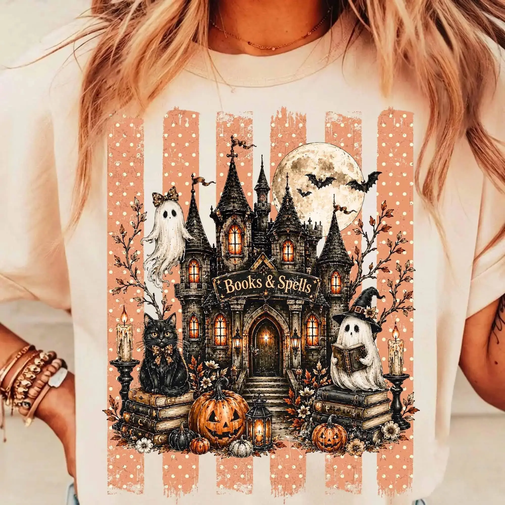 Comfort Colors Haunted Book Store Halloween Shirt, Bookish Floral Spooky Season Fall Tee for Women