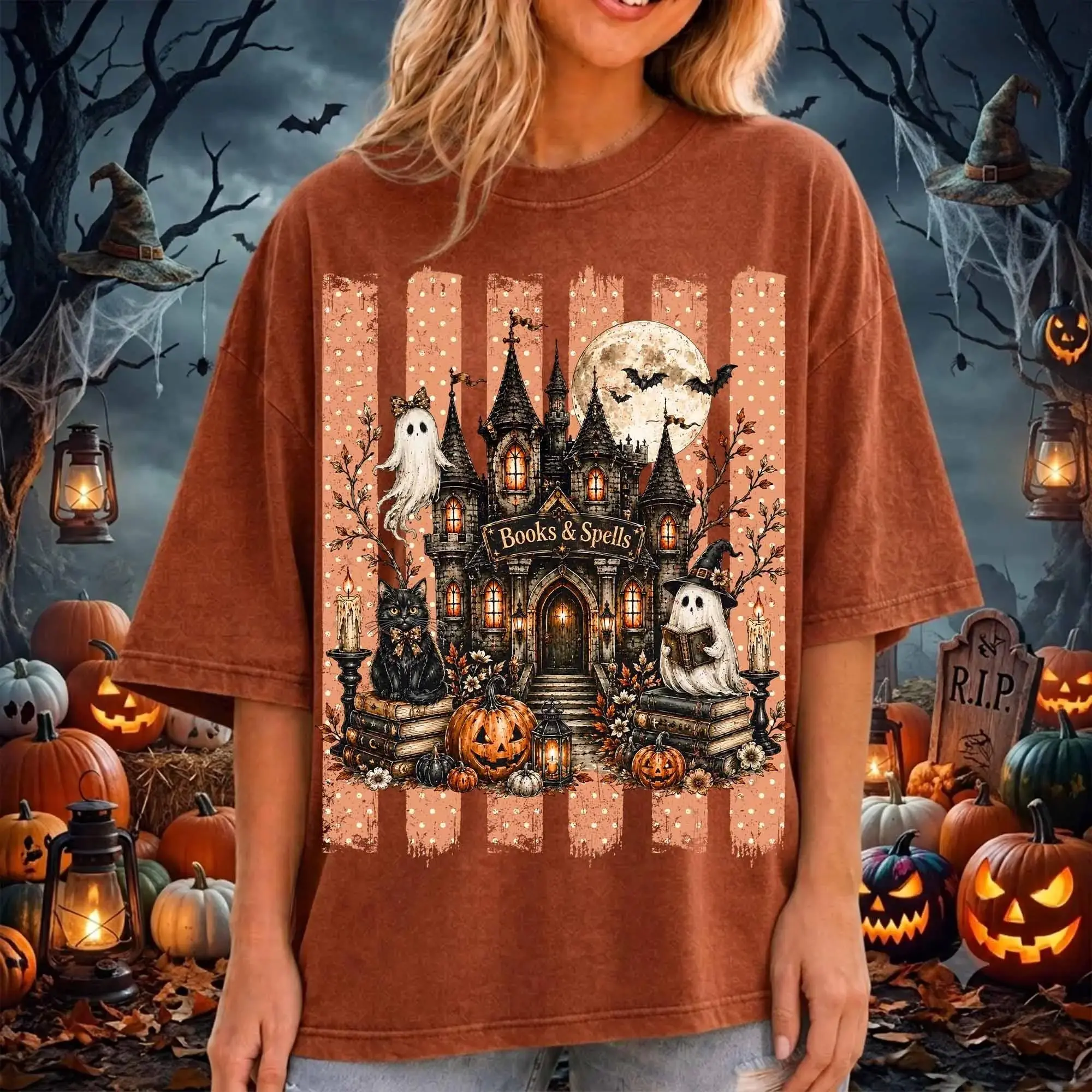Comfort Colors Haunted Book Store Halloween Shirt, Bookish Floral Spooky Season Fall Tee for Women - photo 2