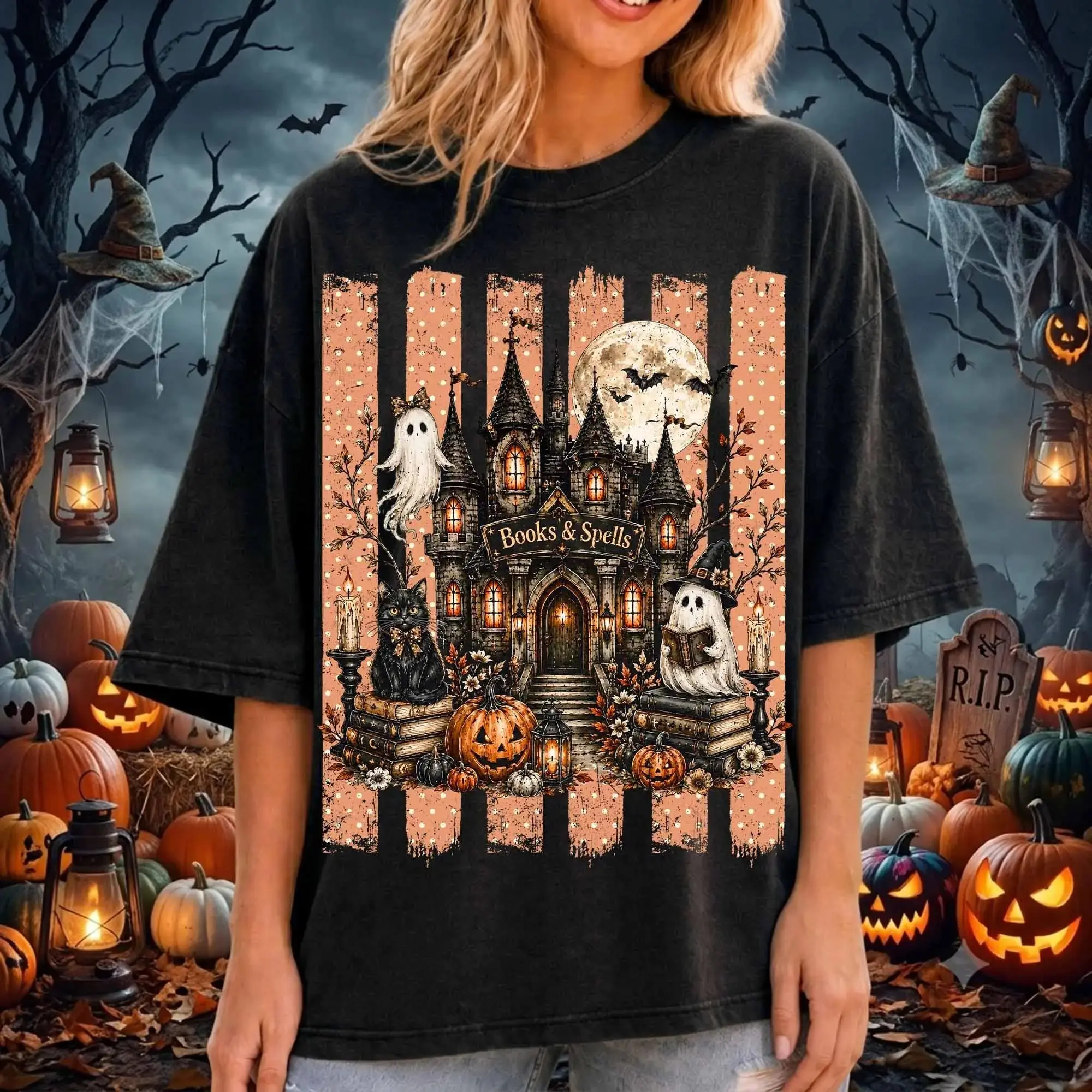 Comfort Colors Haunted Book Store Halloween Shirt, Bookish Floral Spooky Season Fall Tee for Women - photo 3