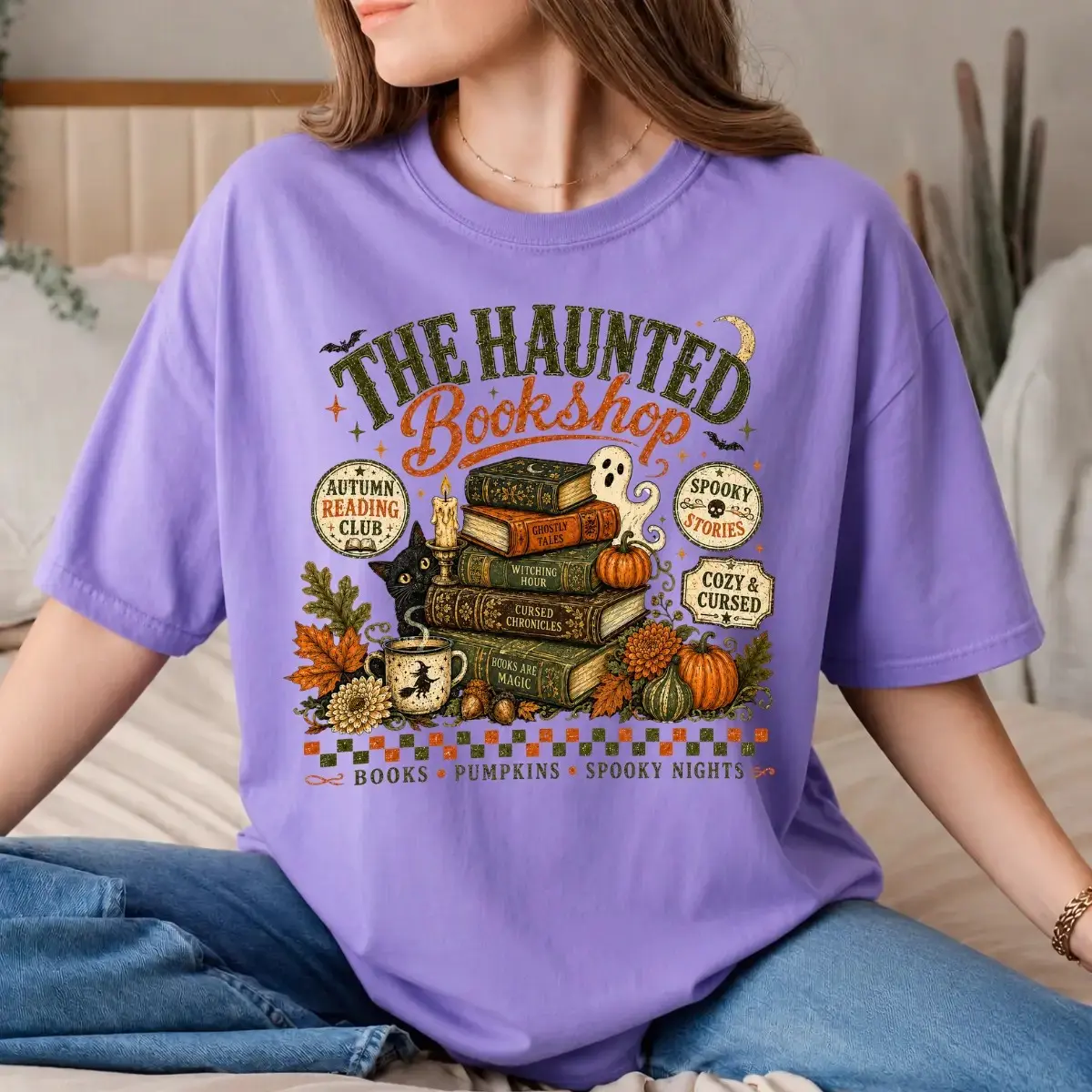 Comfort Colors Haunted Bookshop Shirt, Cozy Reading Club Halloween Tee, Spooky Pumpkin Fall Book Lover Gift - photo 2