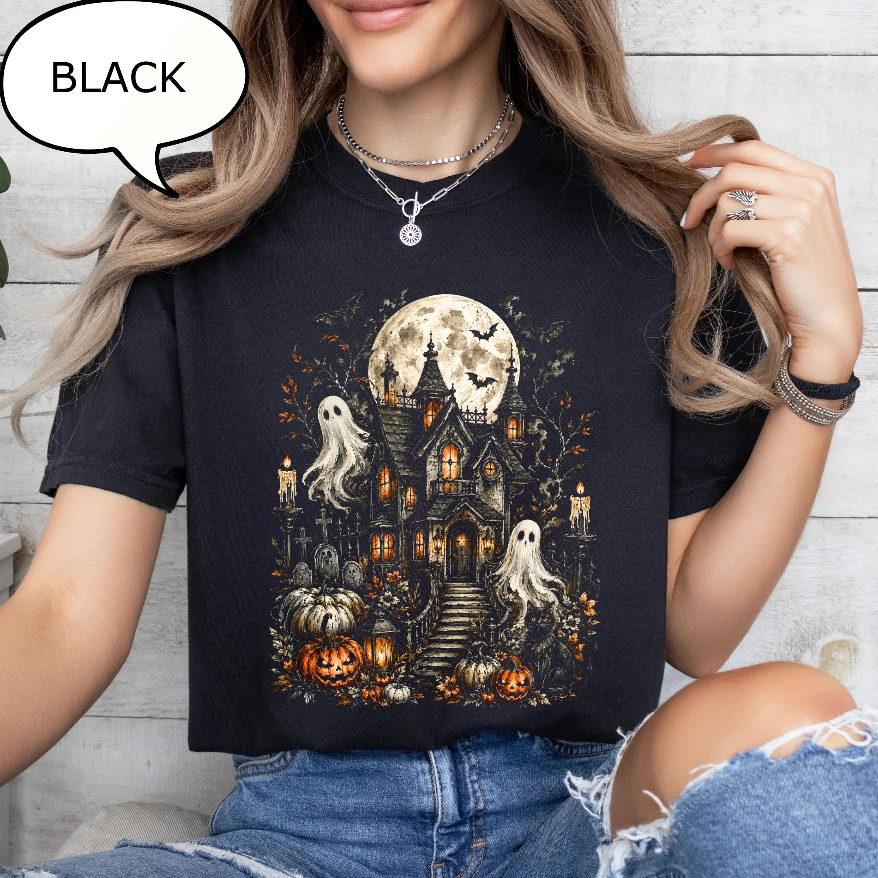 Comfort Colors Haunted House Halloween T-Shirt, Spooky Season Ghost Graphic Tee