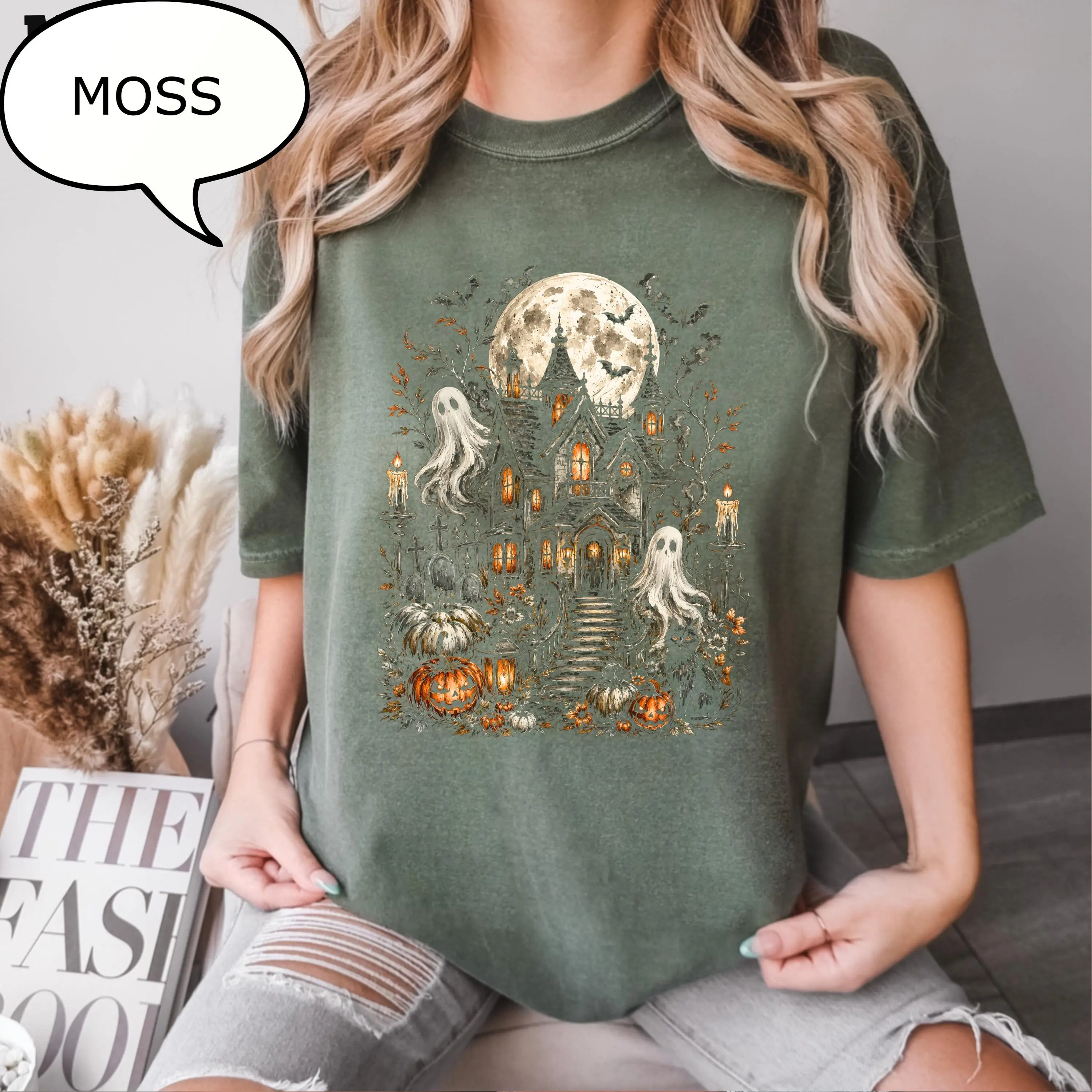 Comfort Colors Haunted House Halloween T-Shirt, Spooky Season Ghost Graphic Tee - photo 2