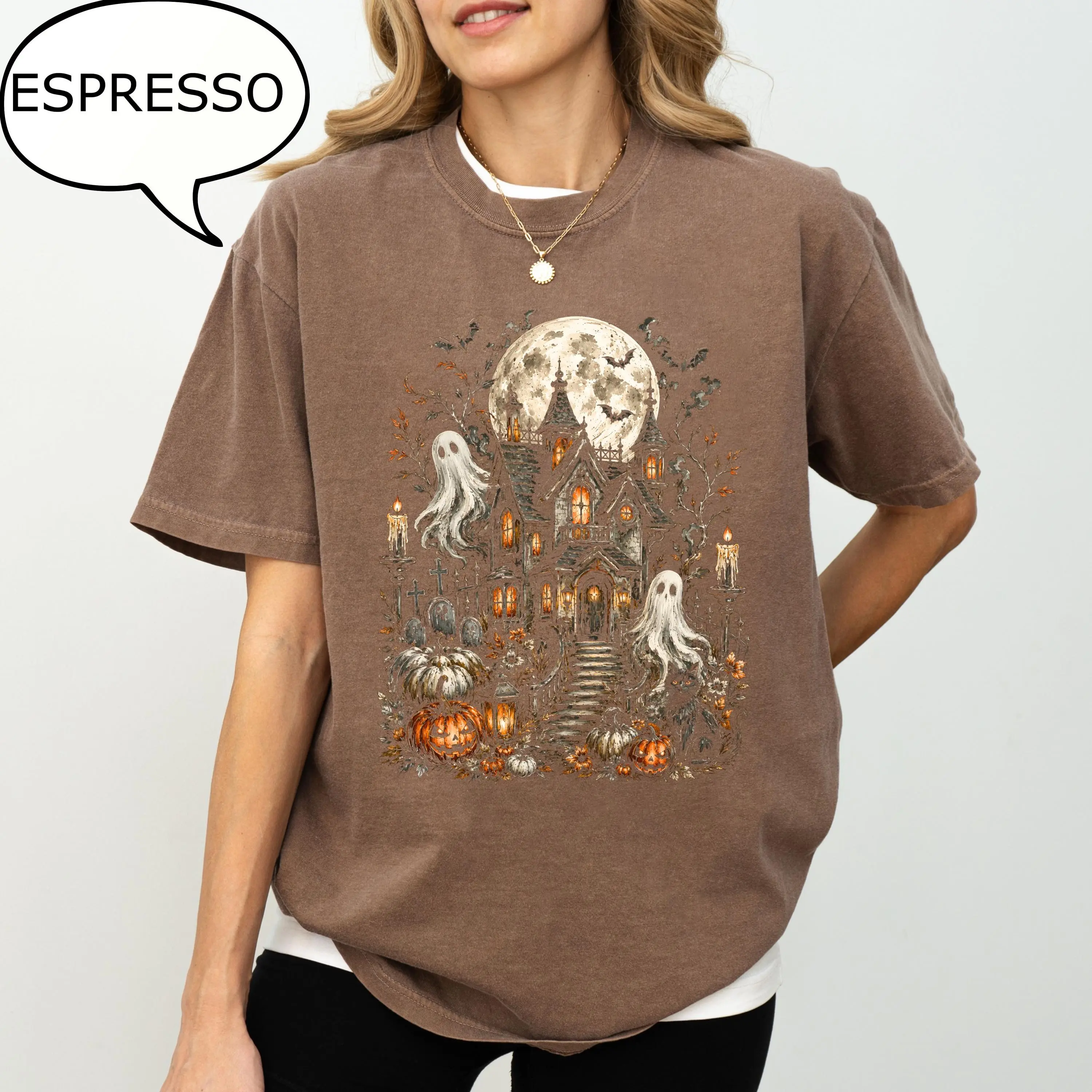 Comfort Colors Haunted House Halloween T-Shirt, Spooky Season Ghost Graphic Tee - photo 3