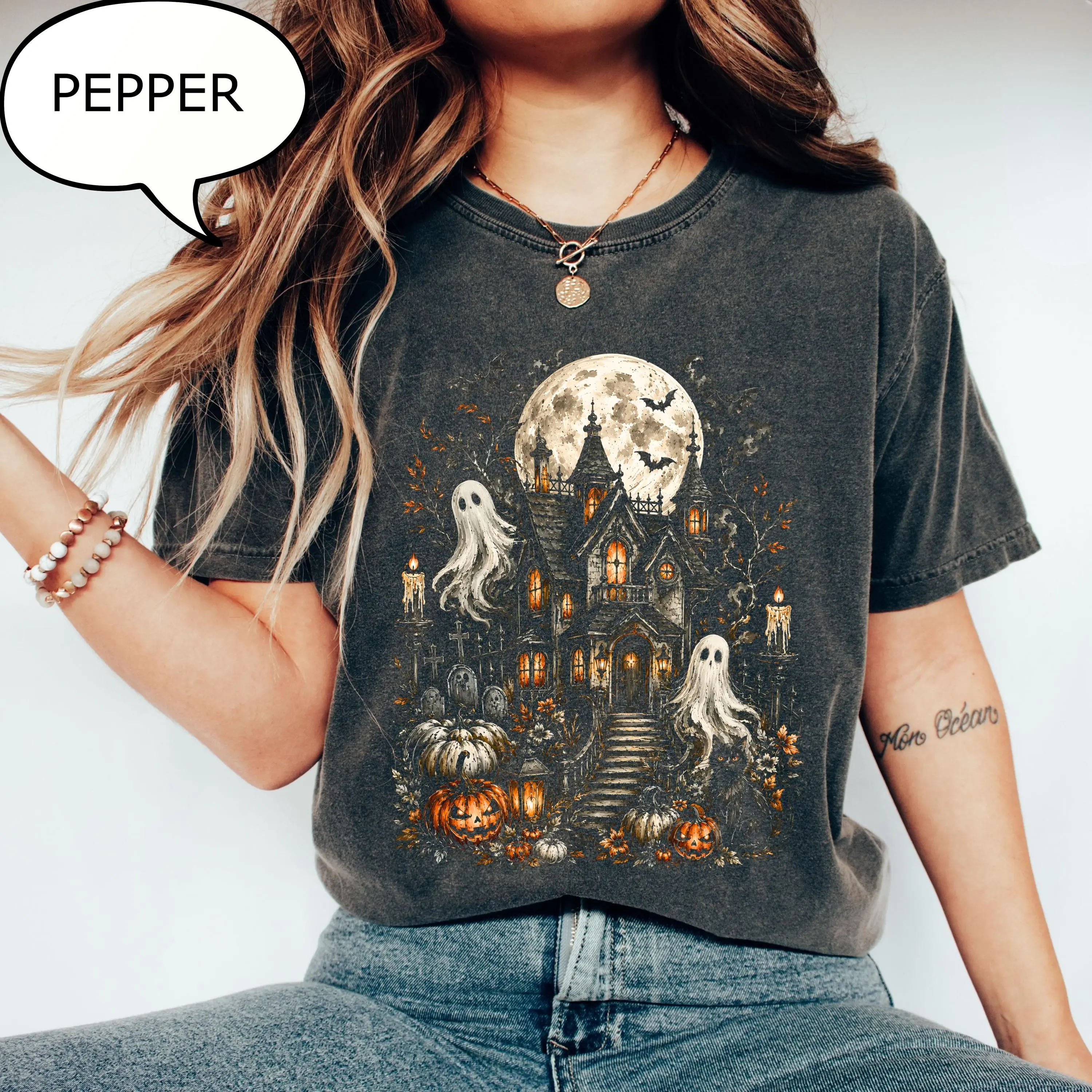 Comfort Colors Haunted House Halloween T-Shirt, Spooky Season Ghost Graphic Tee - photo 4