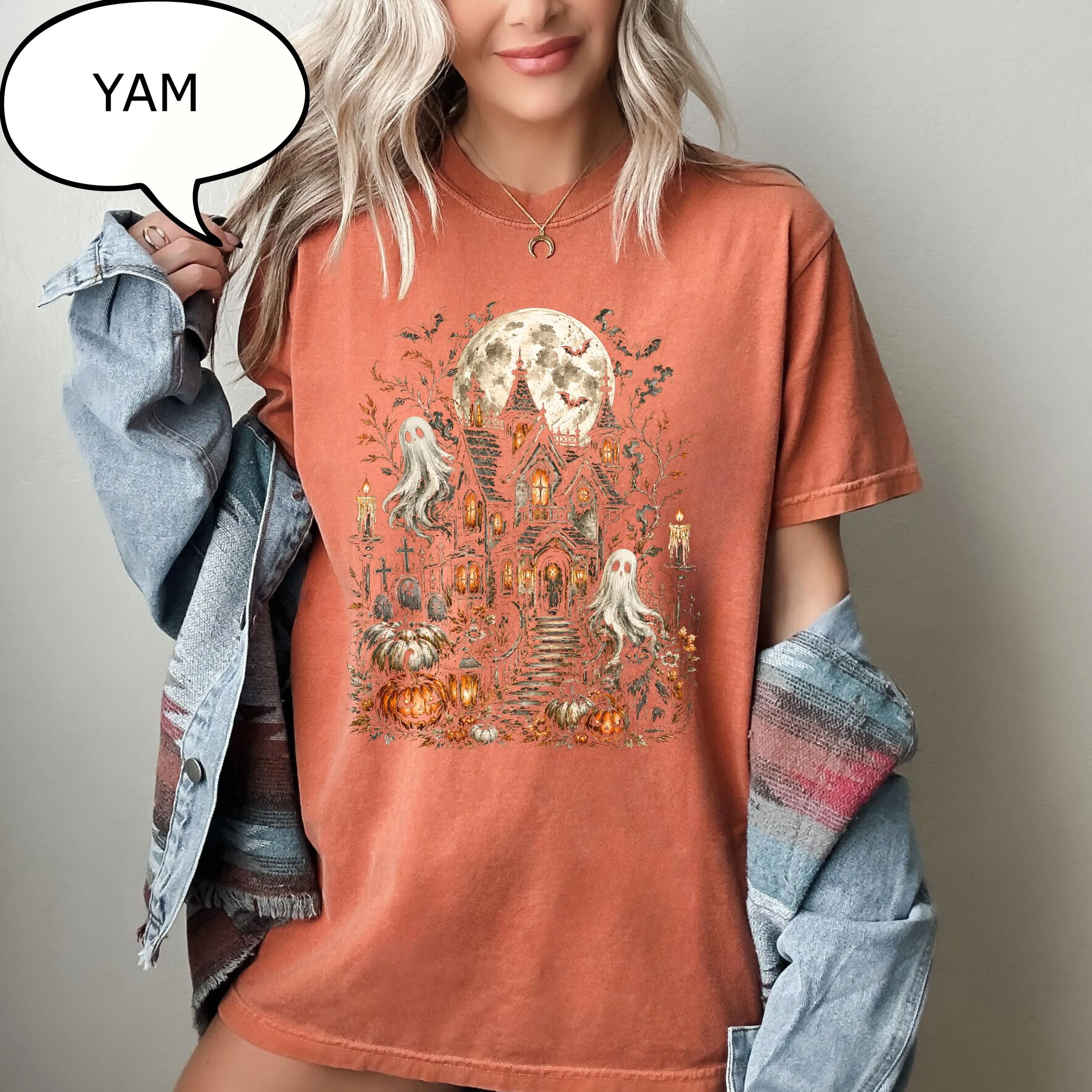 Comfort Colors Haunted House Halloween T-Shirt, Spooky Season Ghost Graphic Tee - photo 5
