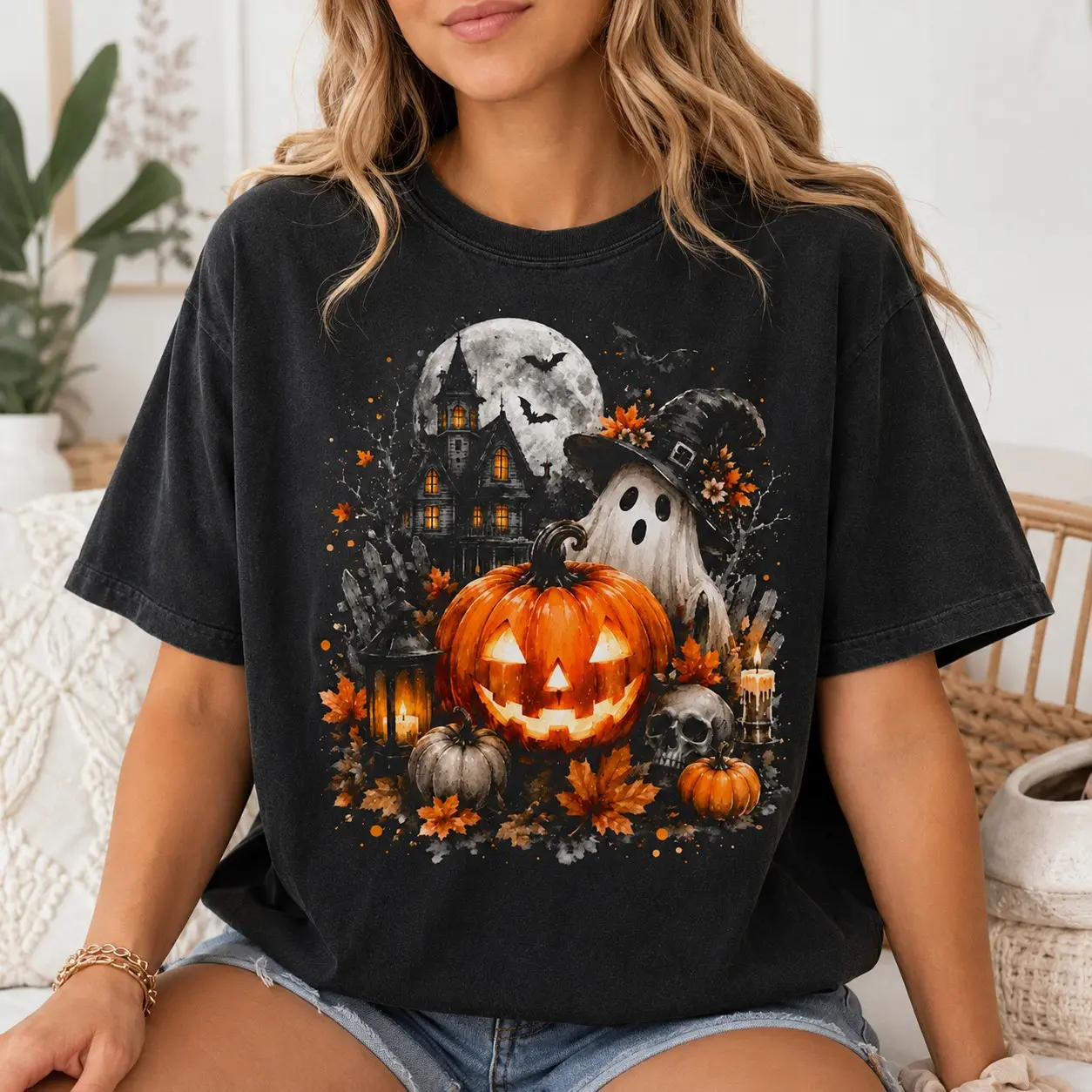 Comfort Colors Haunted House Pumpkin Ghost Shirt, Halloween Party Graphic Tee, Spooky Gothic Fall Birthday Gift