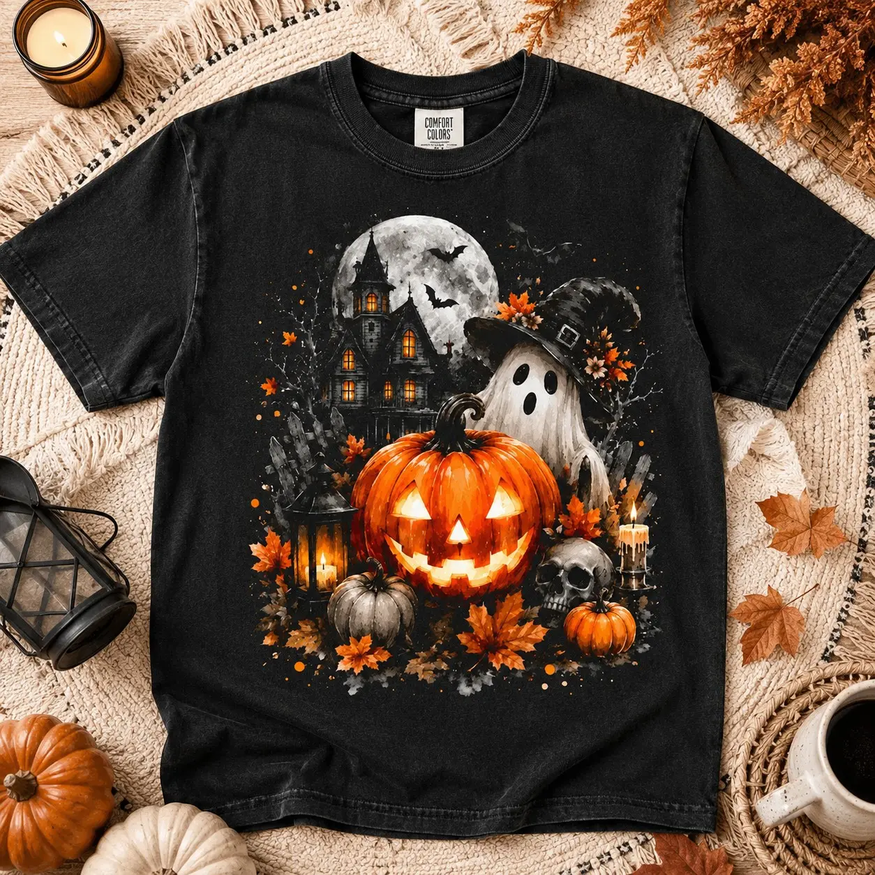 Comfort Colors Haunted House Pumpkin Ghost Shirt, Halloween Party Graphic Tee, Spooky Gothic Fall Birthday Gift - photo 2