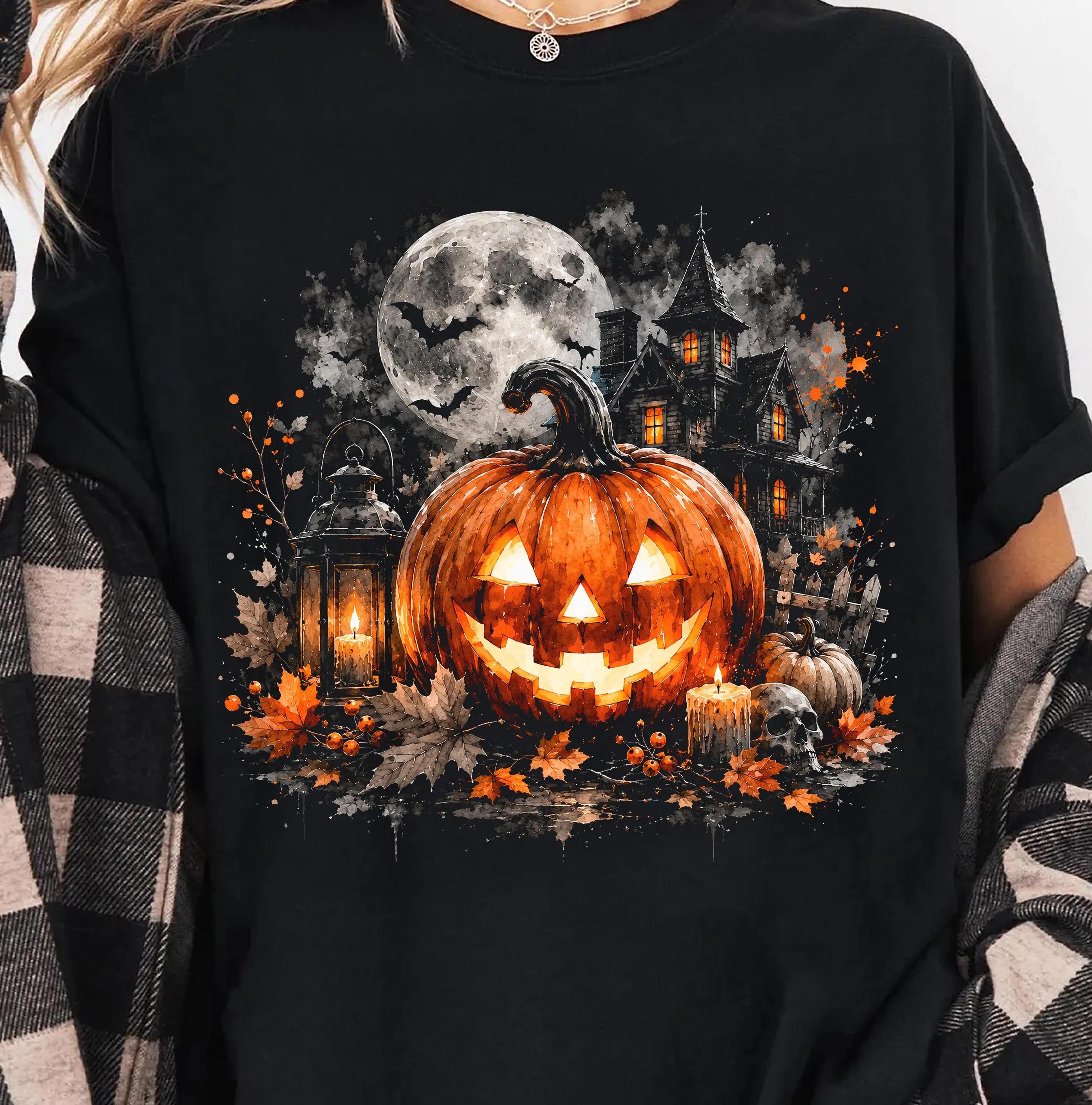 Comfort Colors Haunted House Pumpkin Shirt, Vintage Halloween Spooky Season Moon Gothic Fall Graphic Tee
