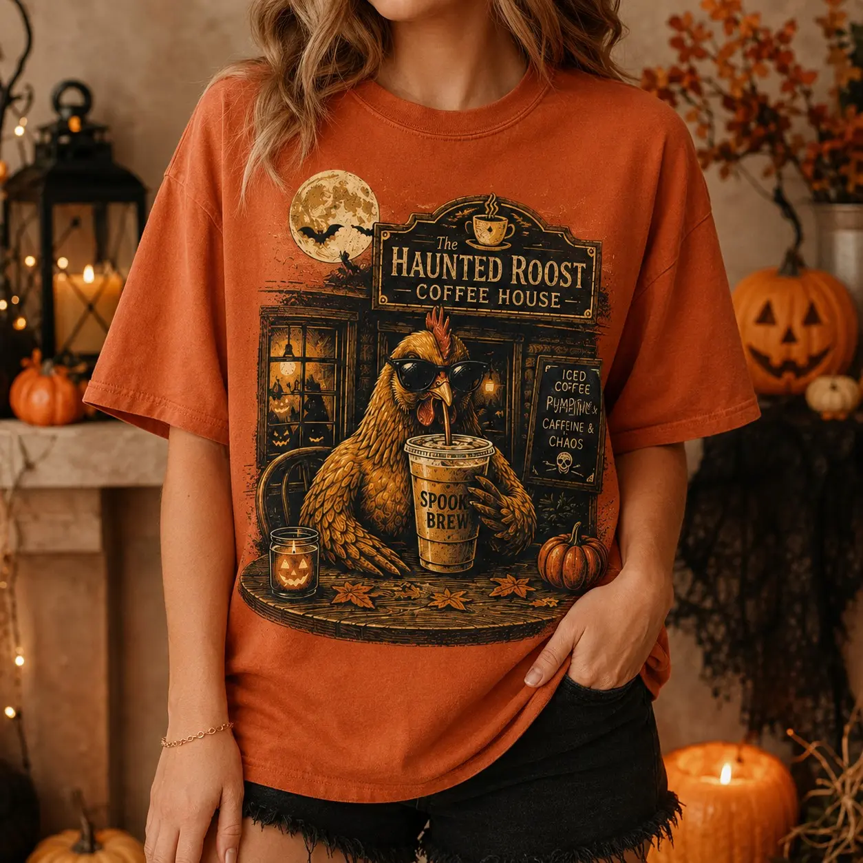 Comfort Colors Haunted Roost Coffee House Shirt, Chicken Drinking Iced Latte Tee, Funny Halloween Graphic Top