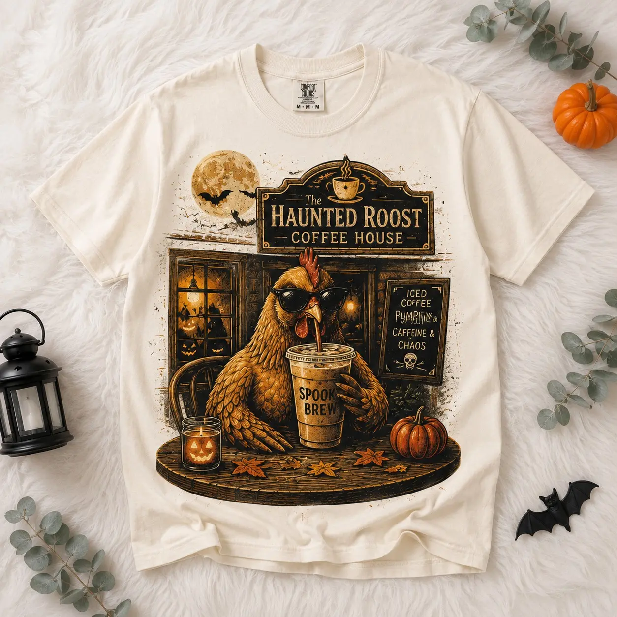 Comfort Colors Haunted Roost Coffee House Shirt, Chicken Drinking Iced Latte Tee, Funny Halloween Graphic Top - photo 2