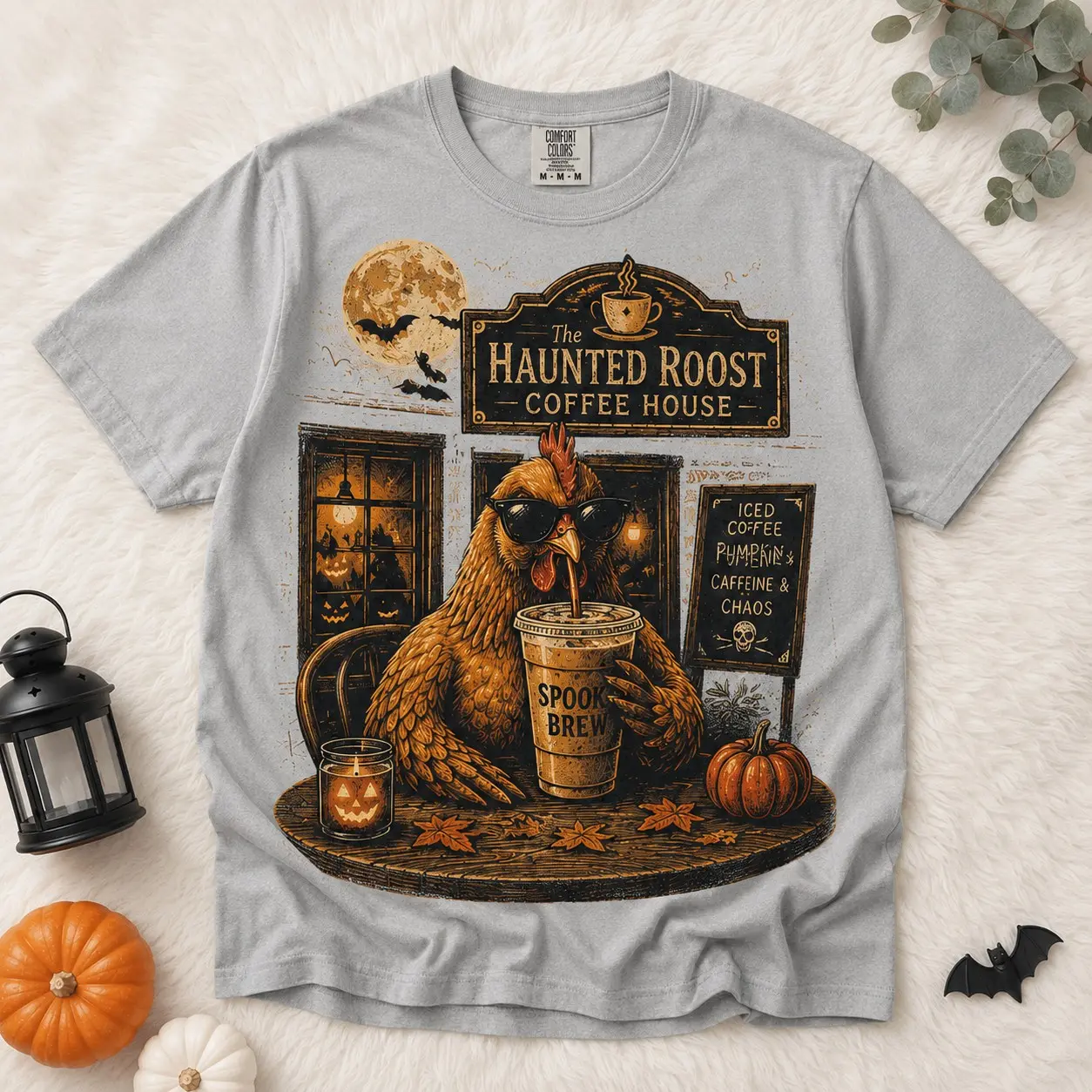 Comfort Colors Haunted Roost Coffee House Shirt, Chicken Drinking Iced Latte Tee, Funny Halloween Graphic Top - photo 3