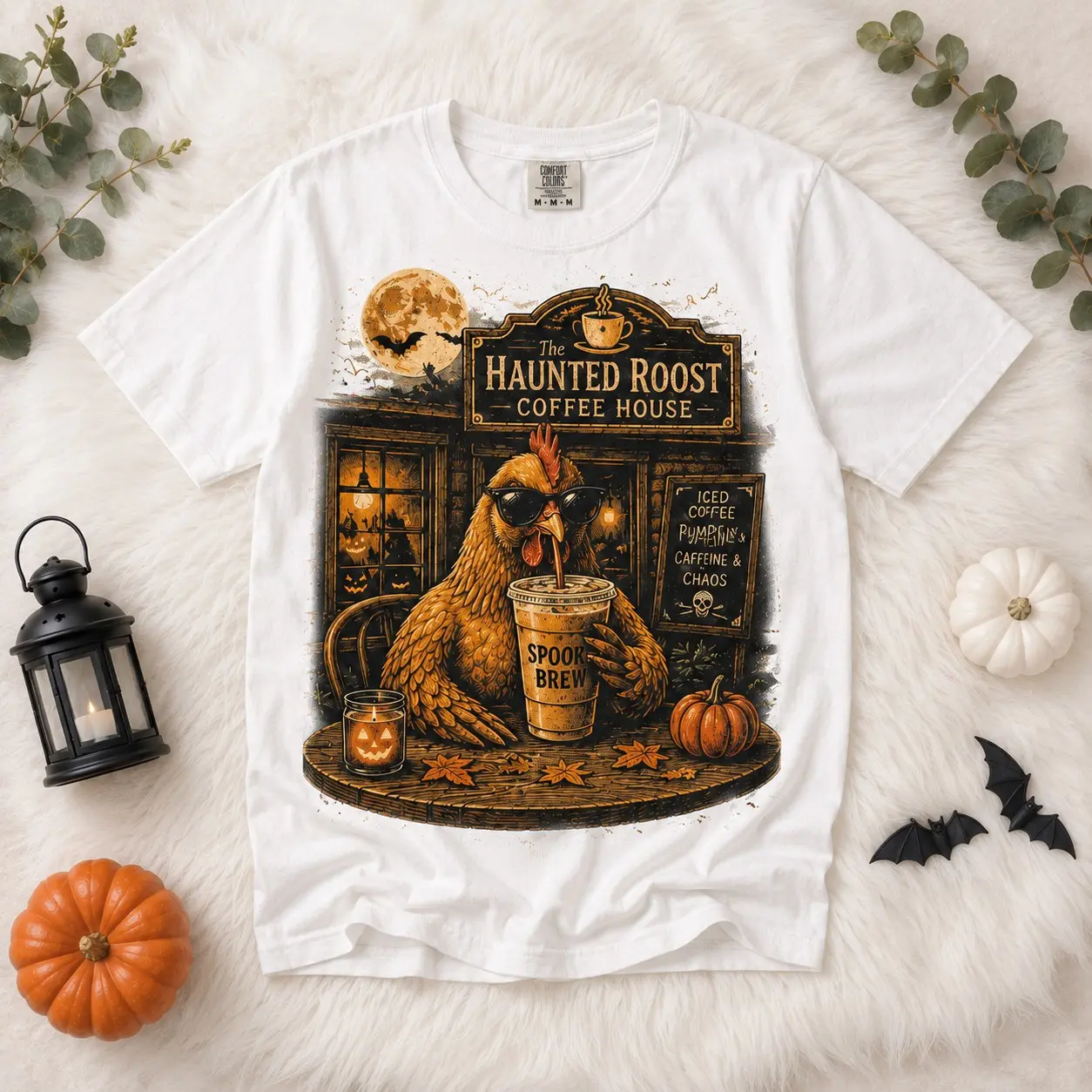 Comfort Colors Haunted Roost Coffee House Shirt, Chicken Drinking Iced Latte Tee, Funny Halloween Graphic Top - photo 4