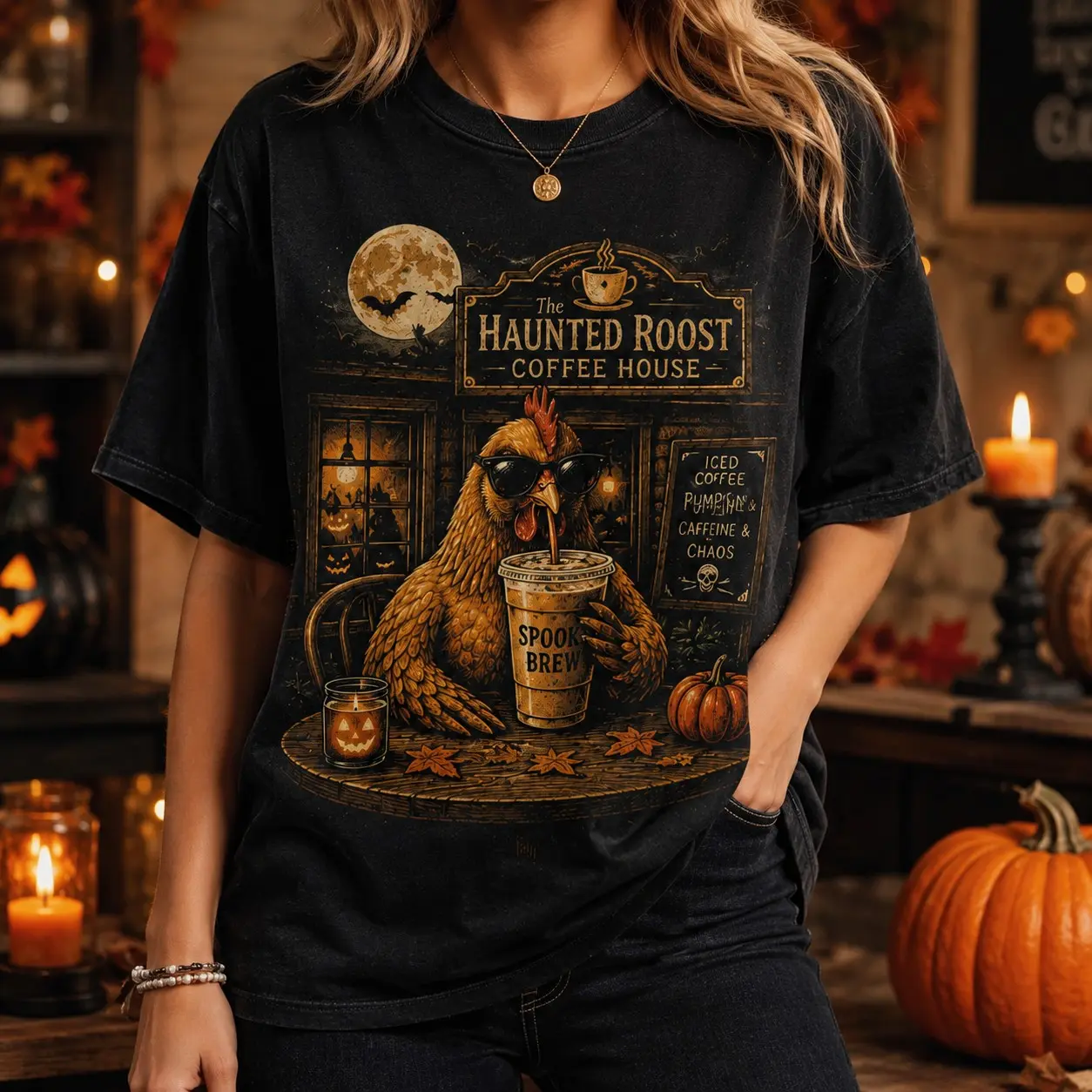 Comfort Colors Haunted Roost Coffee House Shirt, Chicken Drinking Iced Latte Tee, Funny Halloween Graphic Top - photo 5