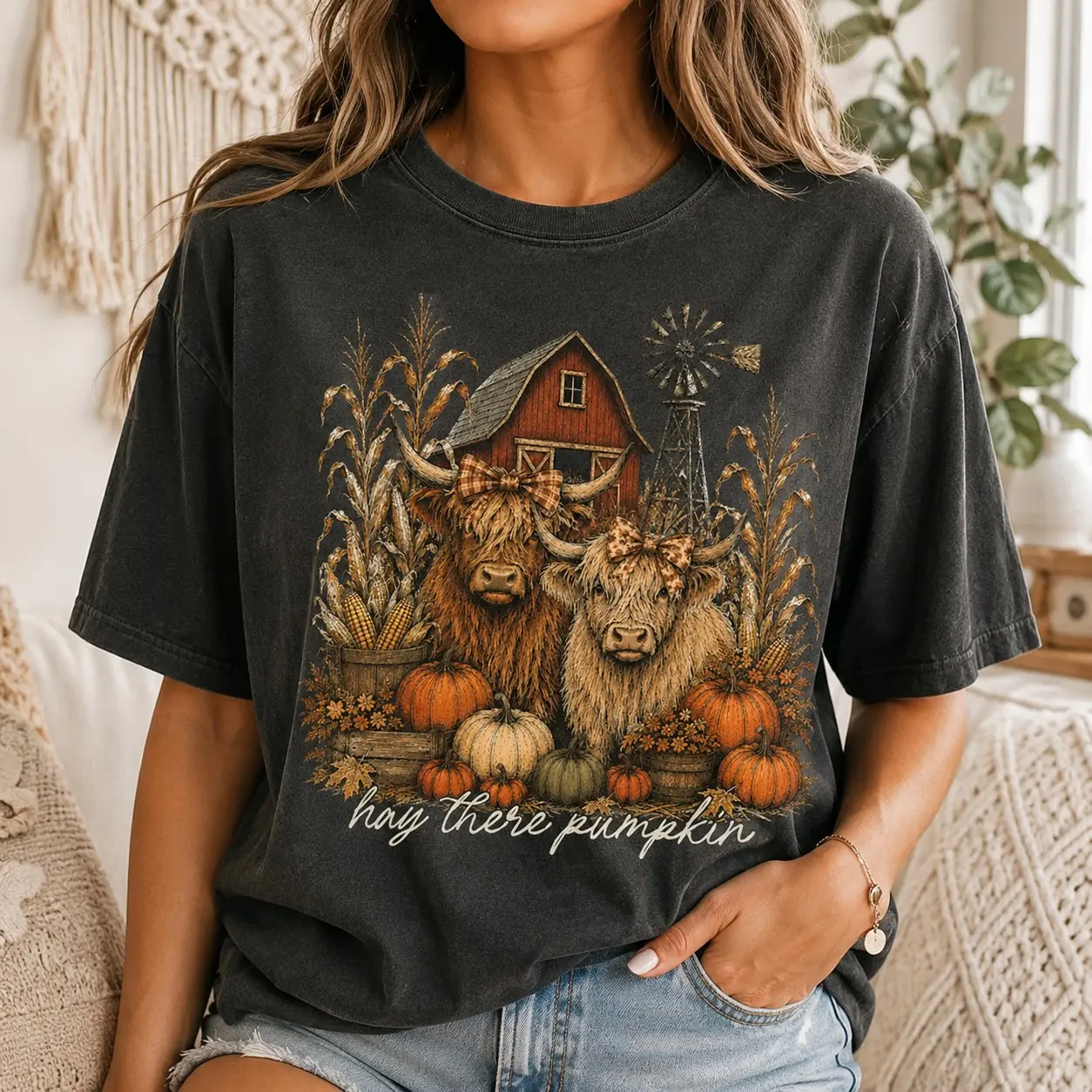 Comfort Colors Hay There Pumpkin Highland Cows Barn Shirt, Rustic Farmhouse Fall Harvest Tee, Autumn Birthday Gift for Women