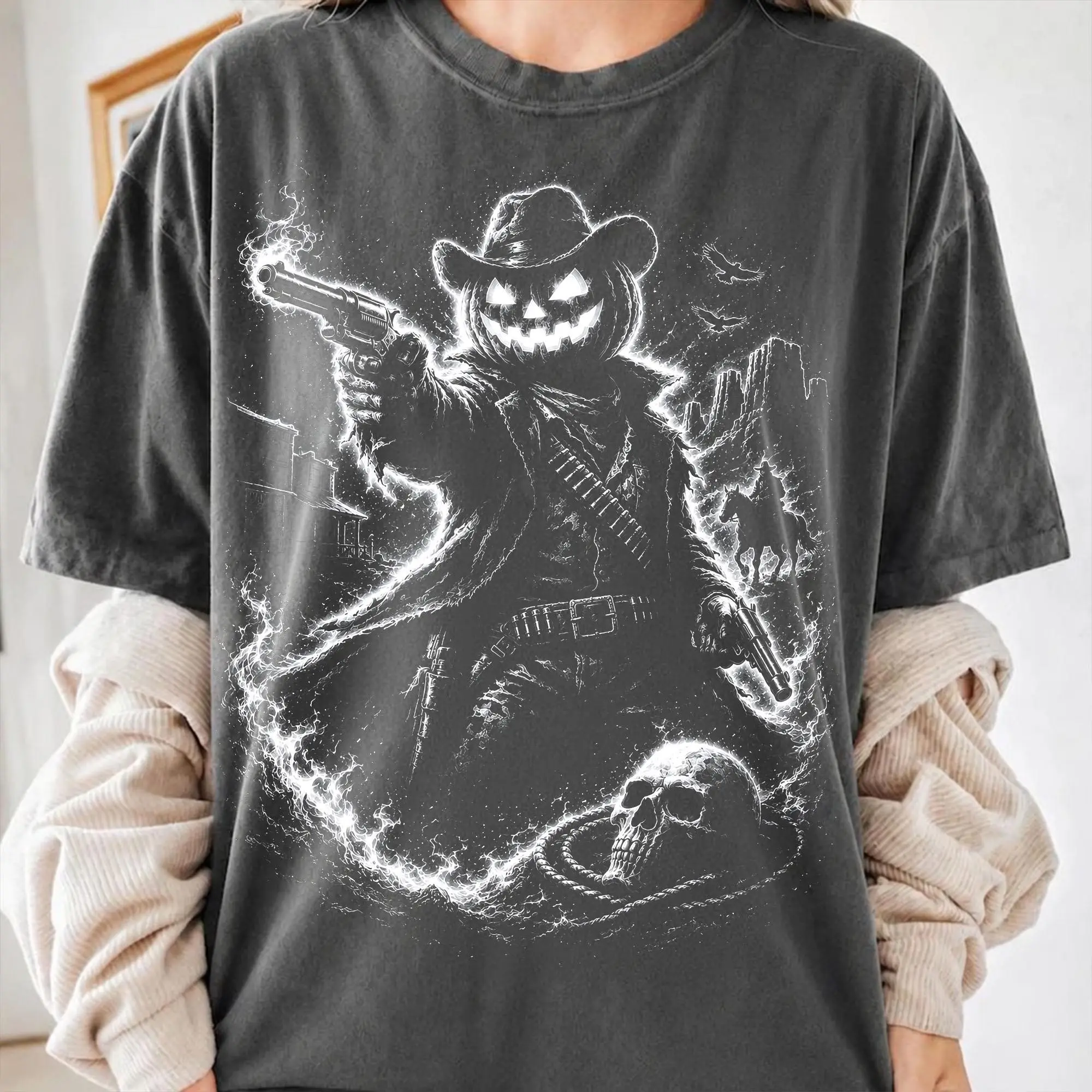 Comfort Colors Headless Horseman Halftone Shirt, Dark Halloween Rider Gothic Horse Spooky Moonlit Graphic Tee