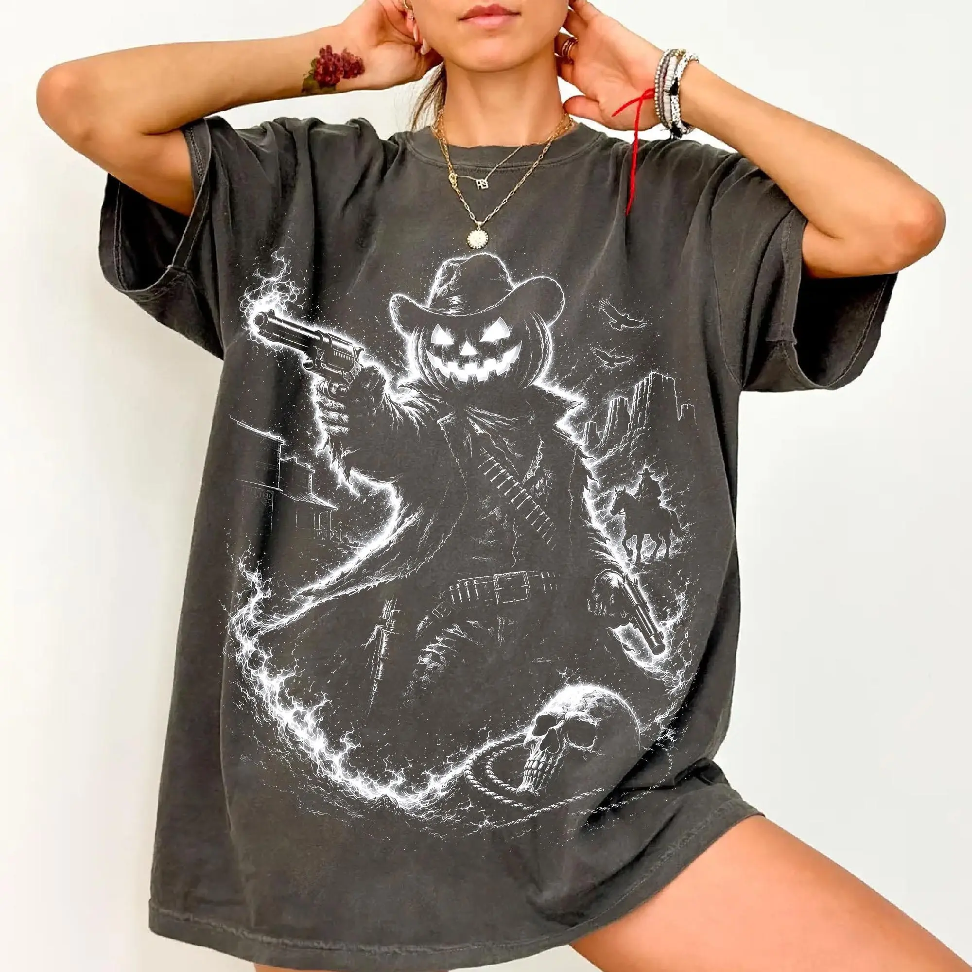 Comfort Colors Headless Horseman Halftone Shirt, Dark Halloween Rider Gothic Horse Spooky Moonlit Graphic Tee - photo 2