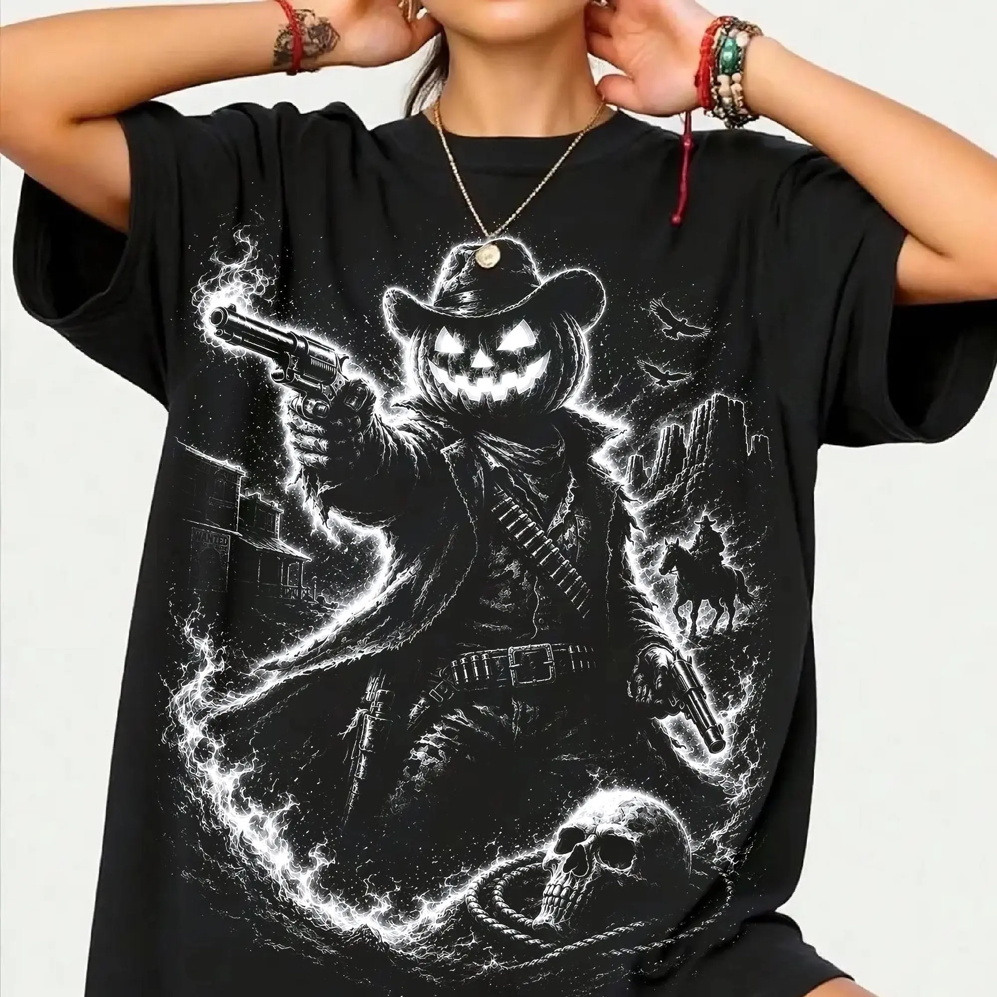 Comfort Colors Headless Horseman Halftone Shirt, Dark Halloween Rider Gothic Horse Spooky Moonlit Graphic Tee - photo 3