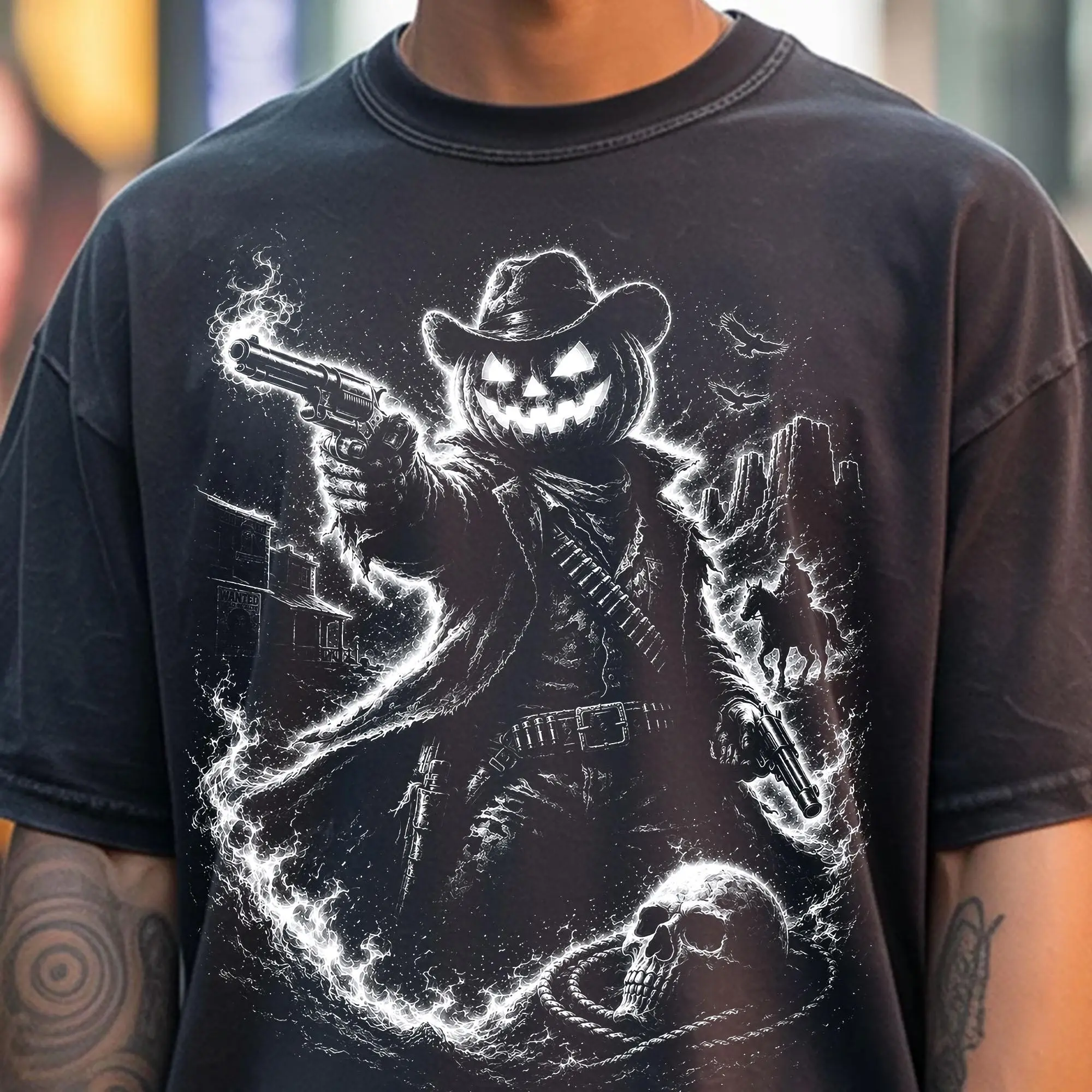 Comfort Colors Headless Horseman Halftone Shirt, Dark Halloween Rider Gothic Horse Spooky Moonlit Graphic Tee - photo 4