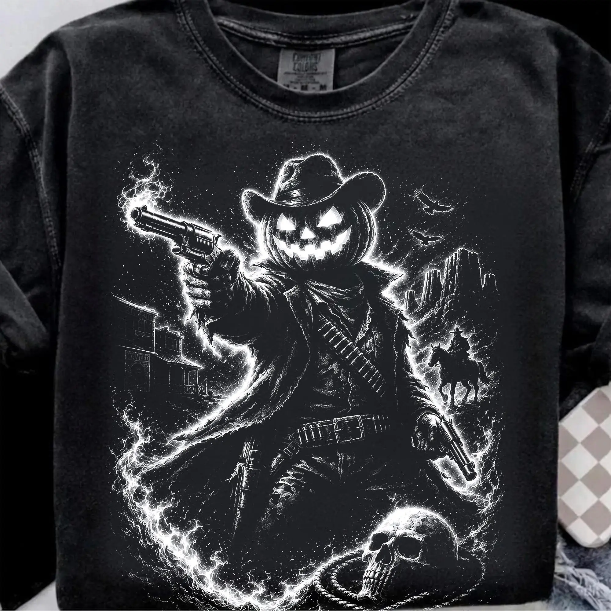 Comfort Colors Headless Horseman Halftone Shirt, Dark Halloween Rider Gothic Horse Spooky Moonlit Graphic Tee - photo 5