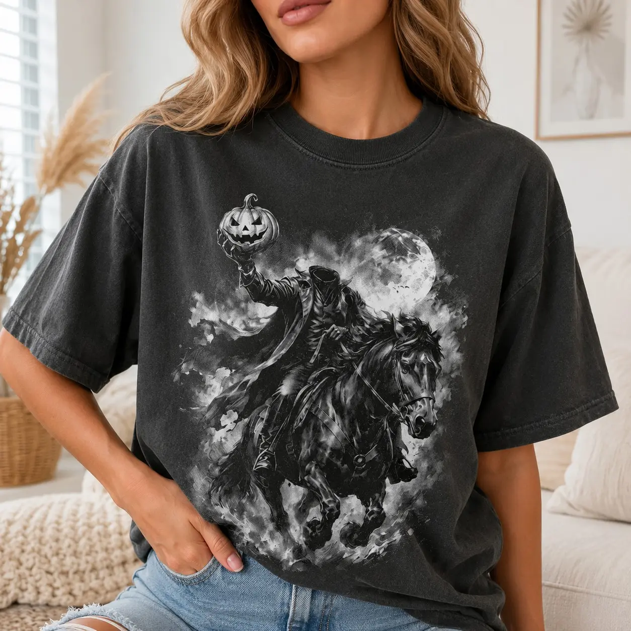 Comfort Colors Headless Horseman Pumpkin Rider Shirt for Women, Halloween Party Graphic Tee, Aesthetic Gothic Fall Birthday Gift
