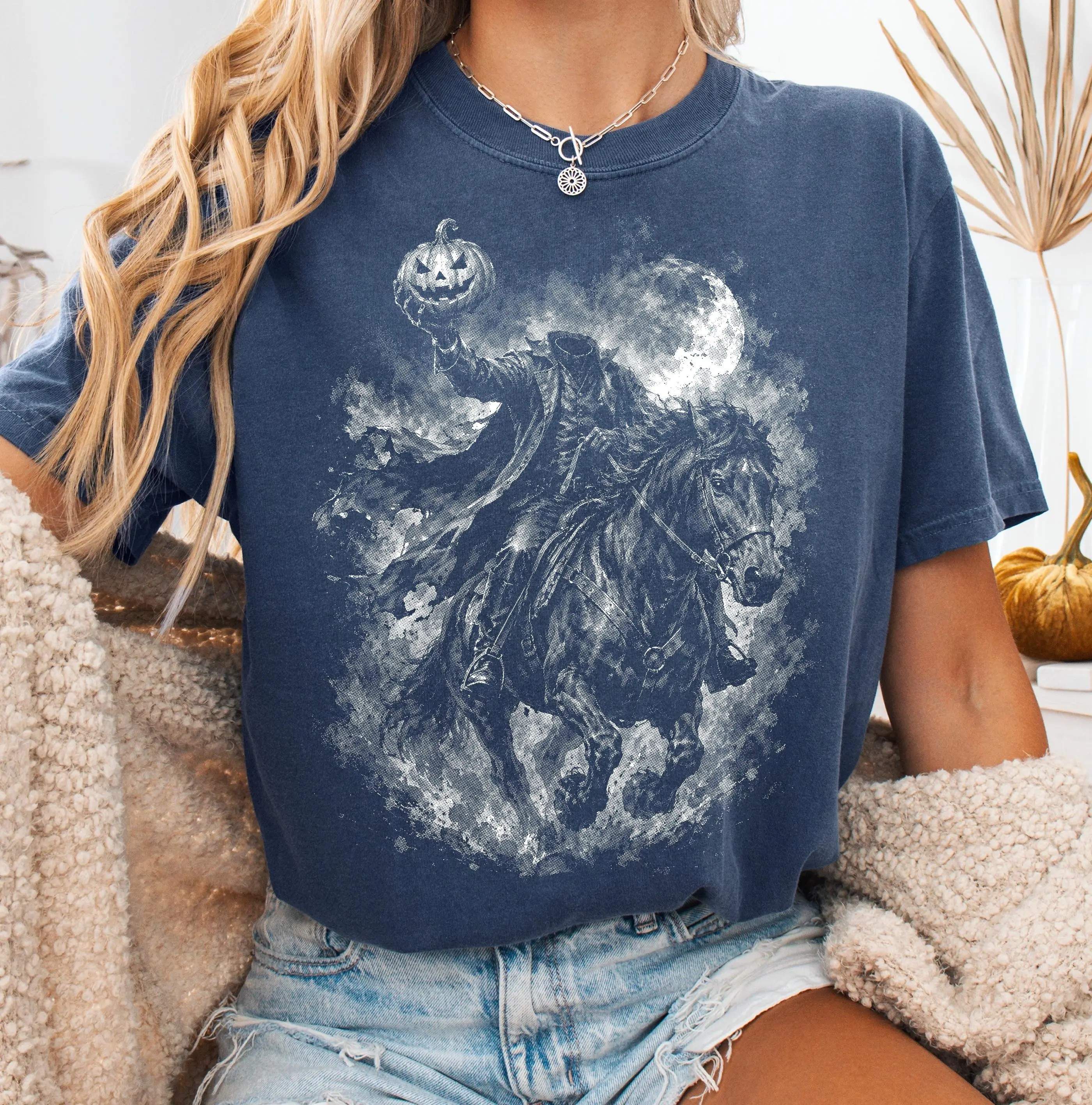Comfort Colors Headless Pumpkin Horseman Halftone Shirt, Dark Gothic Halloween Rider Graphic Tee, Spooky Moonlit Horse - photo 4