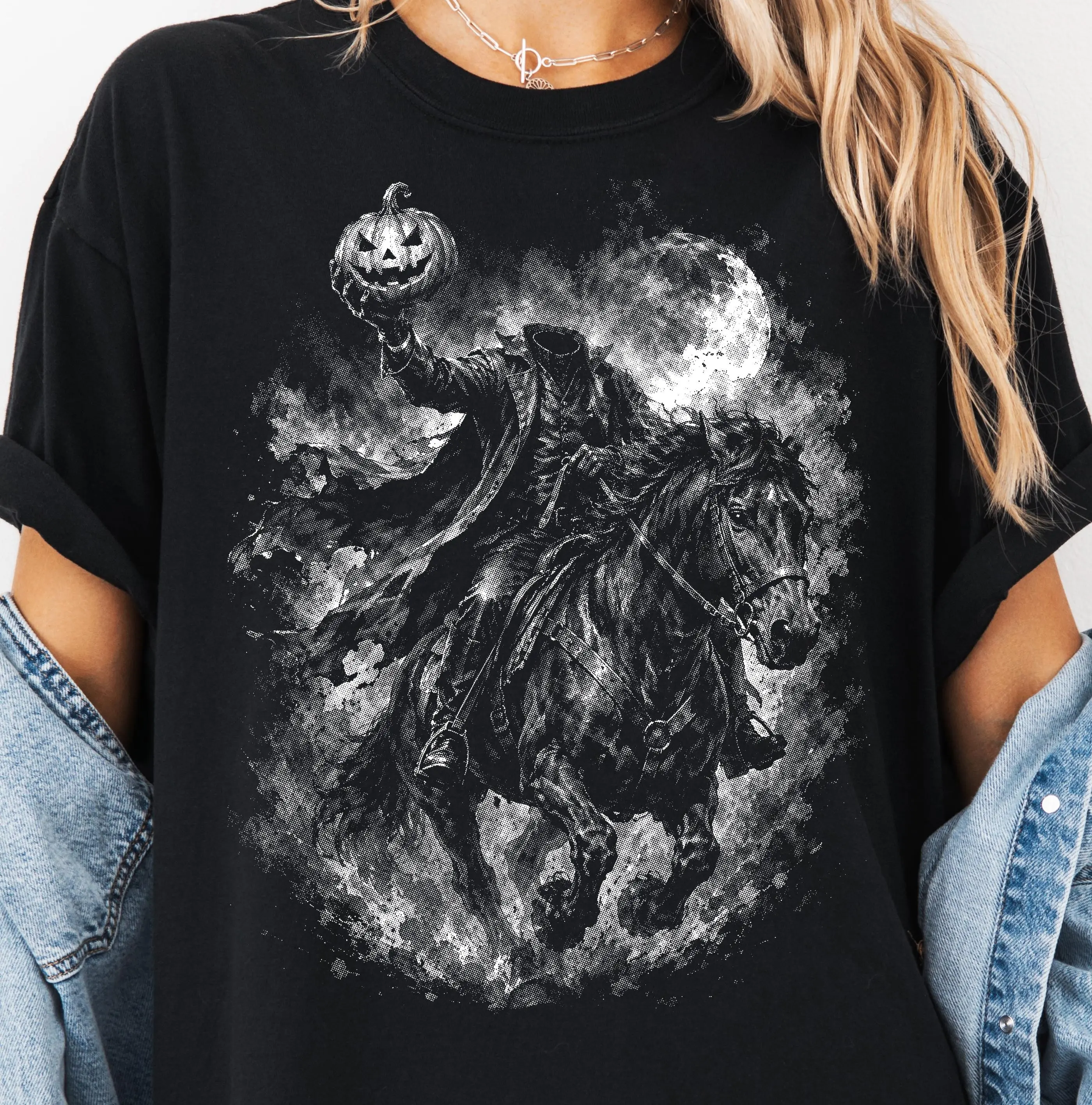 Comfort Colors Headless Pumpkin Horseman Halftone Shirt, Dark Gothic Halloween Rider Graphic Tee, Spooky Moonlit Horse - photo 5