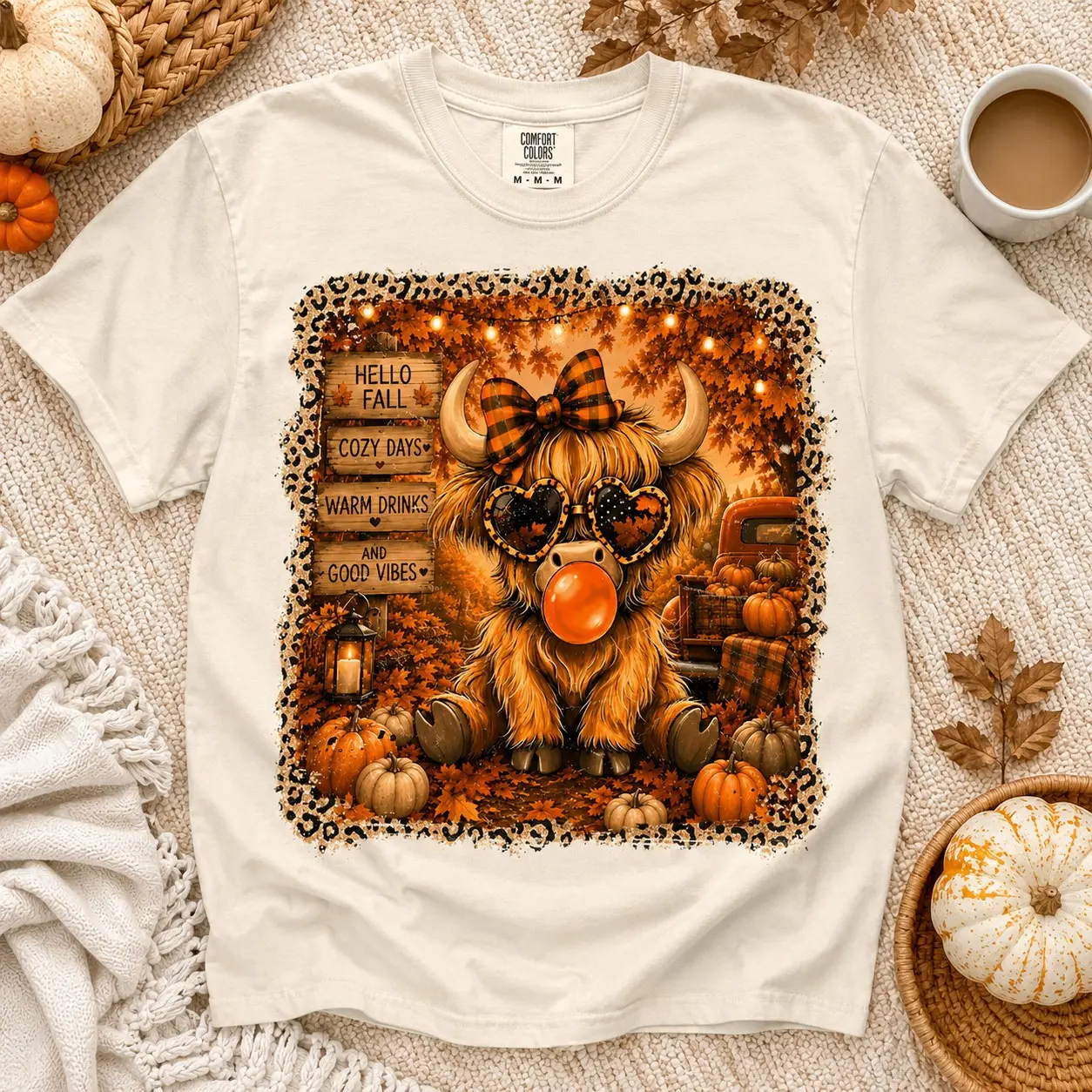 Comfort Colors Hello Fall Highland Cow Pumpkin Shirt, Cozy Cute Autumn Thanksgiving Graphic Tee for Women - photo 2