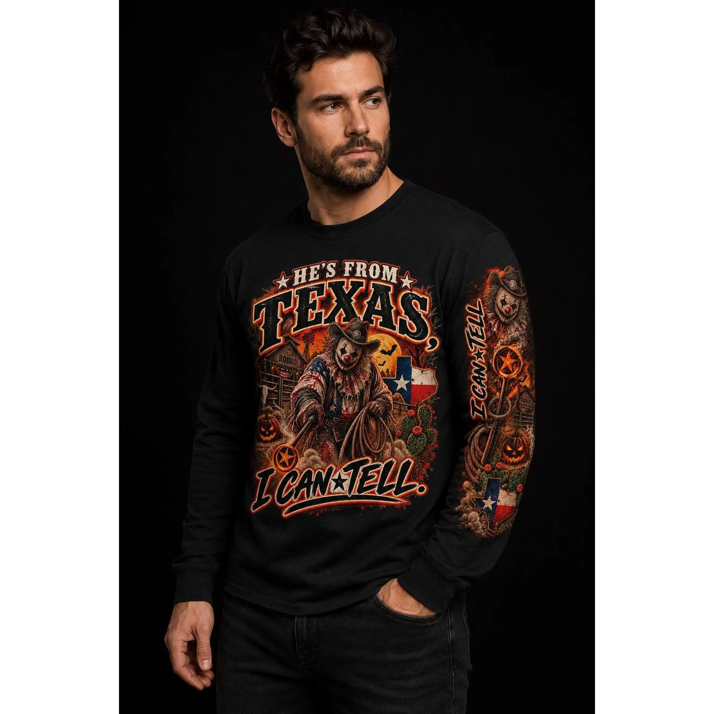 Comfort Colors He's From Texas I Can Tell Front And Sleeve Shirt, Western Horror Halloween Tee