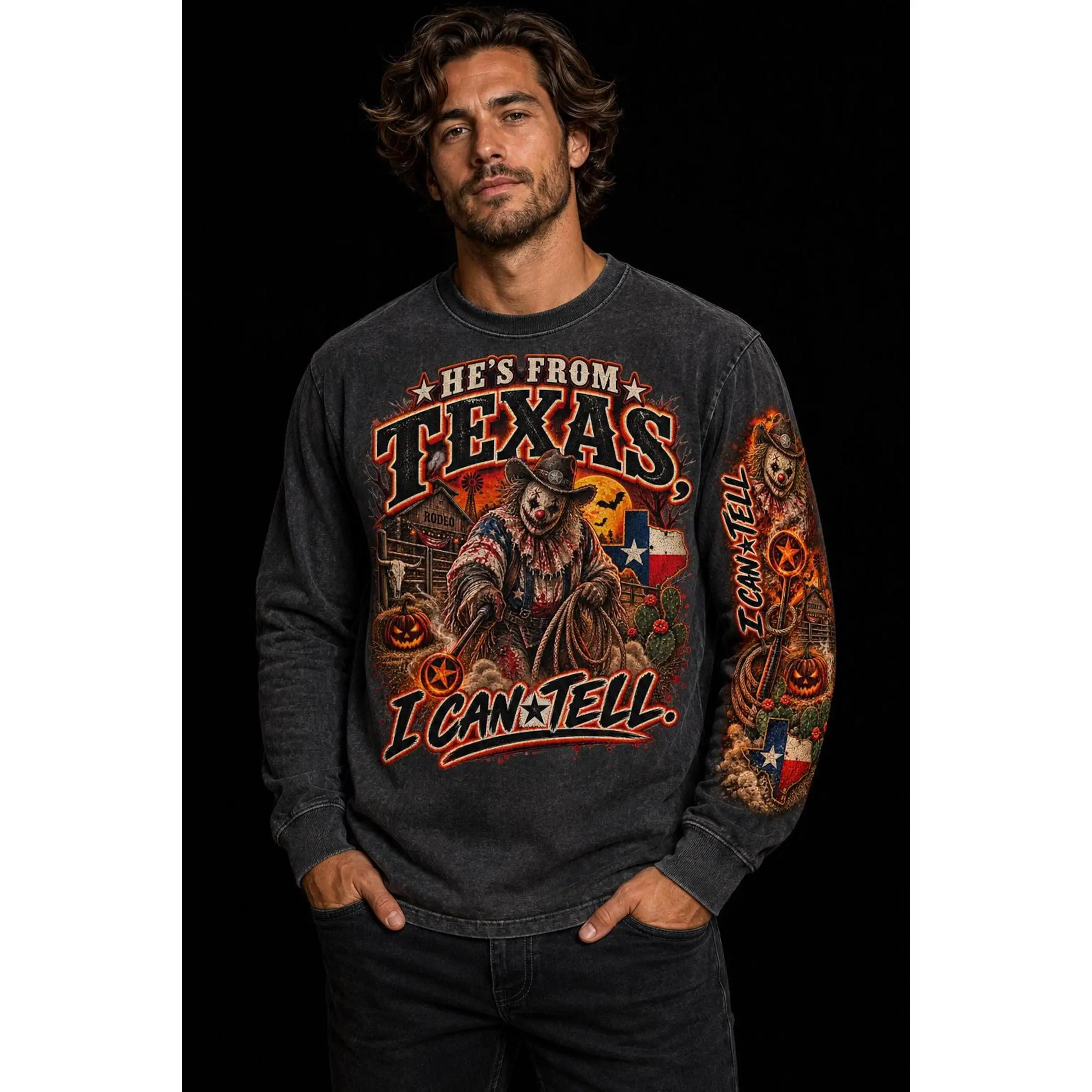 Comfort Colors He's From Texas I Can Tell Front And Sleeve Shirt, Western Horror Halloween Tee - photo 4