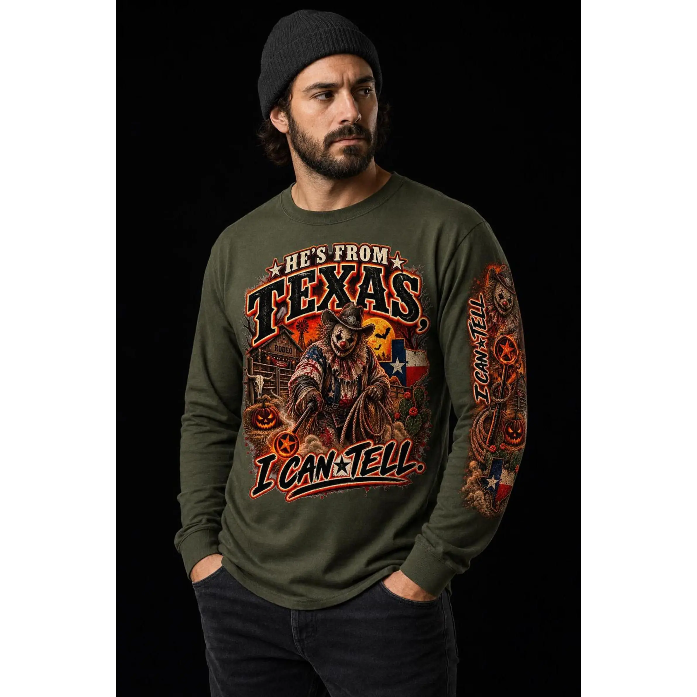Comfort Colors He's From Texas I Can Tell Front And Sleeve Shirt, Western Horror Halloween Tee - photo 5