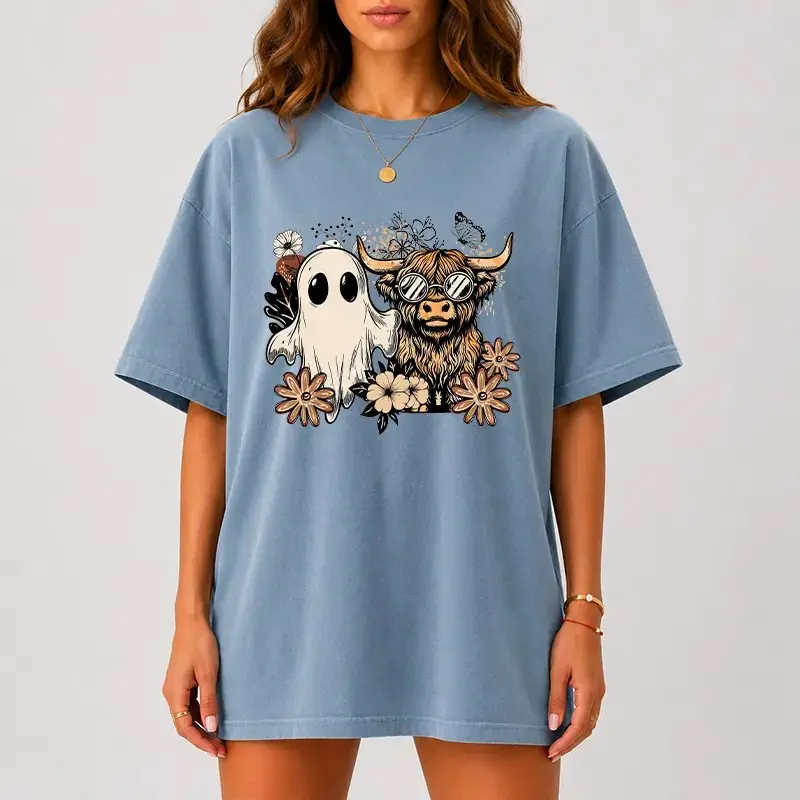 Comfort Colors Highland Cow Ghost Halloween Shirt, Cute Spooky Graphic Tee, Vintage Fall Floral Womens Season Top