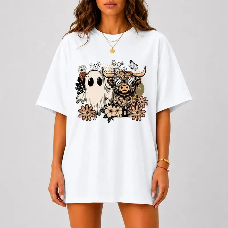 Comfort Colors Highland Cow Ghost Halloween Shirt, Cute Spooky Graphic Tee, Vintage Fall Floral Womens Season Top - photo 2