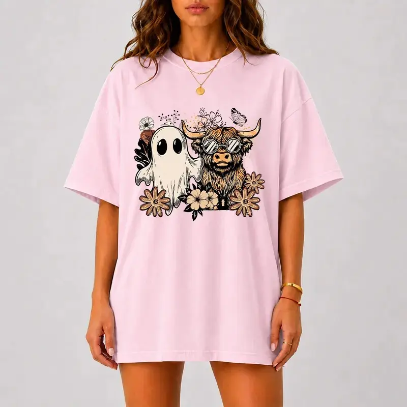 Comfort Colors Highland Cow Ghost Halloween Shirt, Cute Spooky Graphic Tee, Vintage Fall Floral Womens Season Top - photo 3