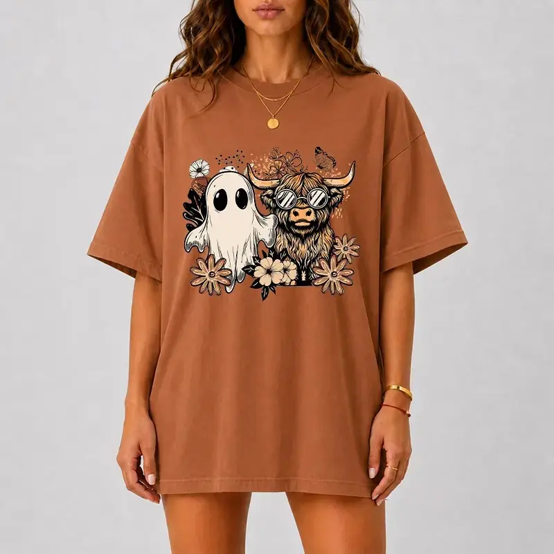 Comfort Colors Highland Cow Ghost Halloween Shirt, Cute Spooky Graphic Tee, Vintage Fall Floral Womens Season Top - photo 4