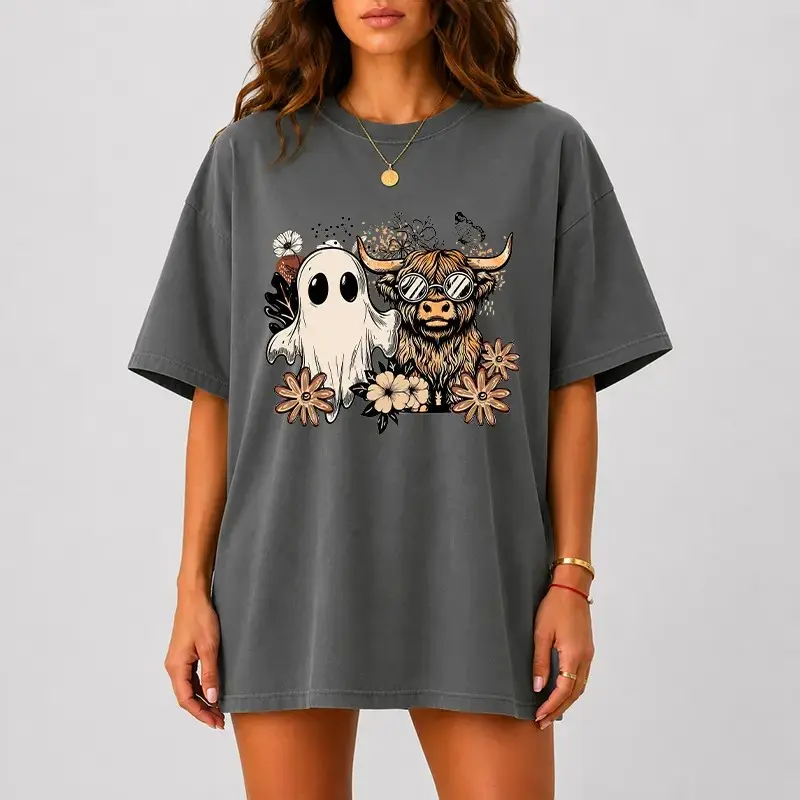 Comfort Colors Highland Cow Ghost Halloween Shirt, Cute Spooky Graphic Tee, Vintage Fall Floral Womens Season Top - photo 5